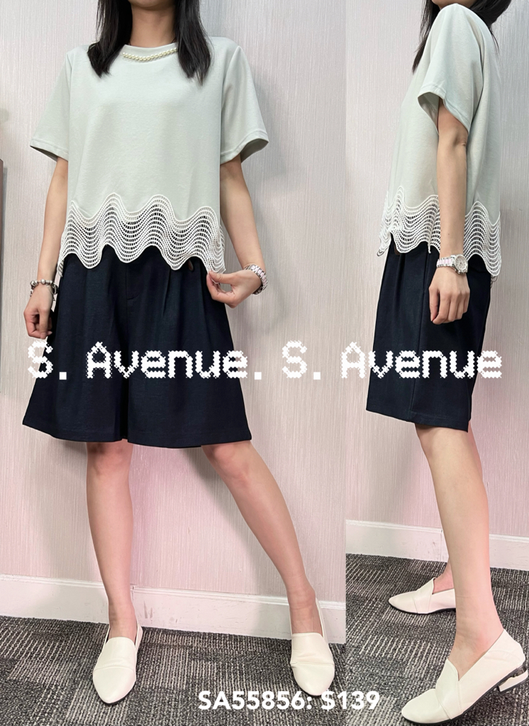 SA55856: 短袖領打珠珠下波浪lace top