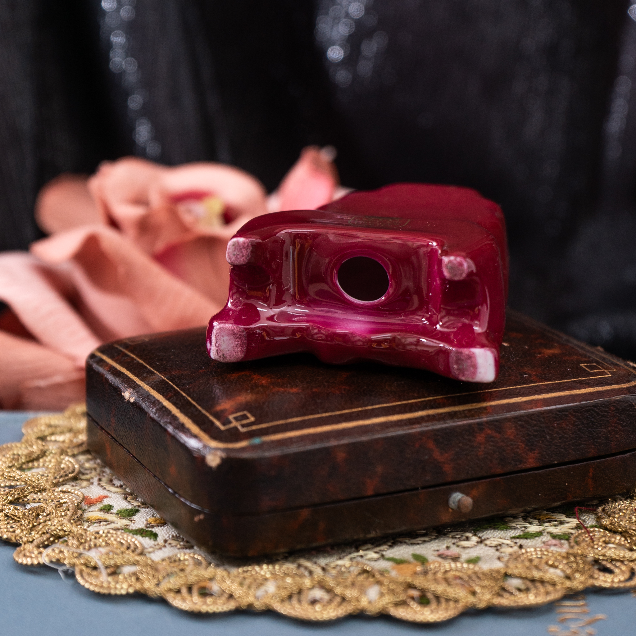 Vintage Mid-Century French Limoges Cranberry Red Porcelain Romantic Courting couple Miniature - Clock/ Cannon/ Shoe (MT1985)