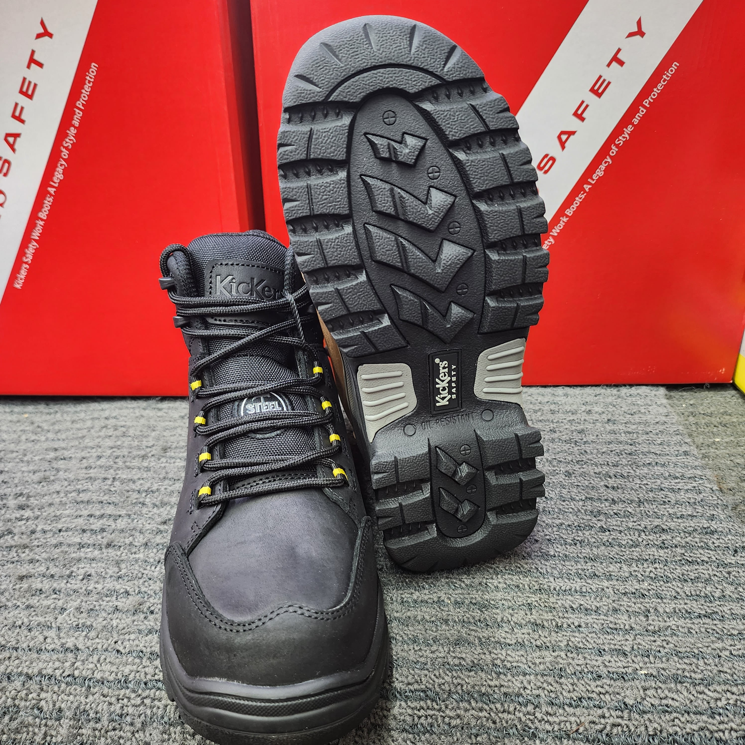 (FREE KICKER'S MINK OIL) KicKers Safety Shoes 1998 Black Brown Mid Cut Lace up Rubber sole Heavy Duty