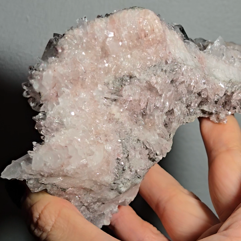 Pink Lemurian quartz cluster with green chlorite, rainbows - LQ189