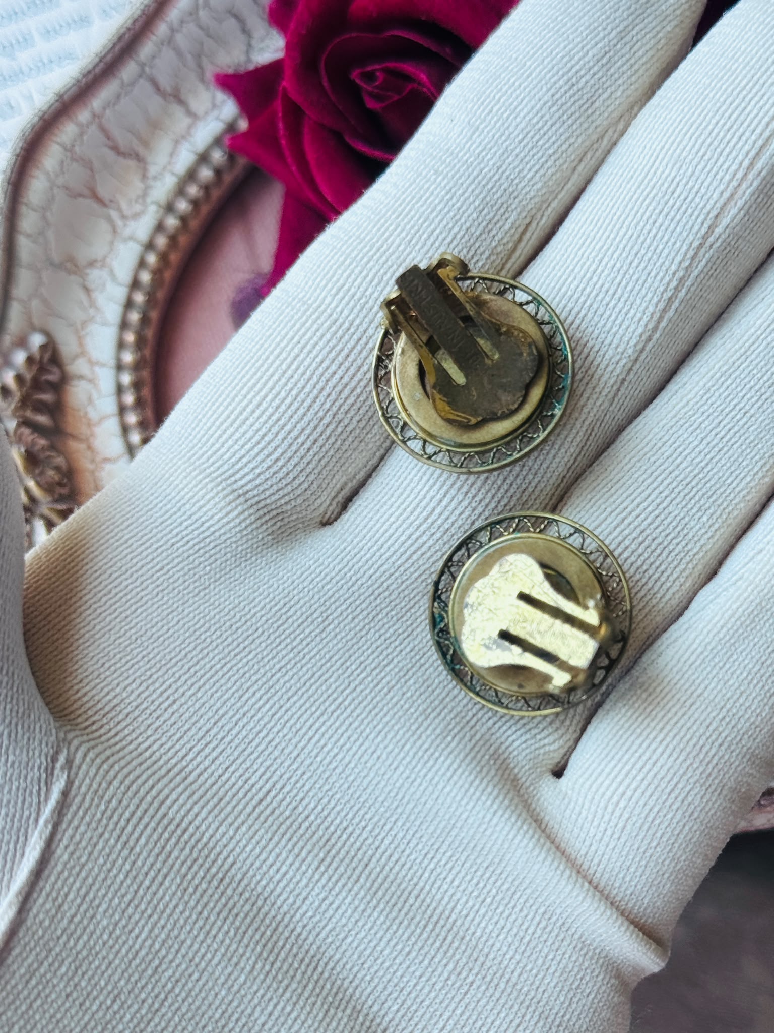 C.a. 1950s Stamped "Made in Austria" Petit Needlepoint Clip Earrings & Brooch Set (NZ115)