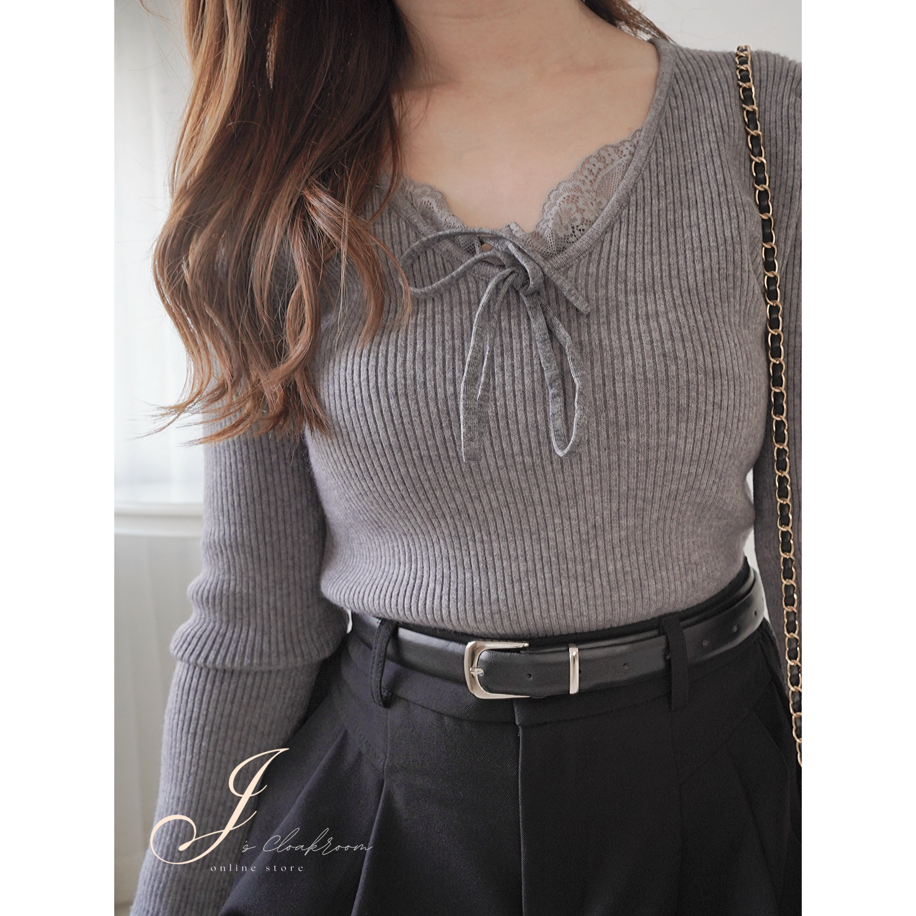 超修身♡蕾絲拼布針織上衣(KR)灰色315653