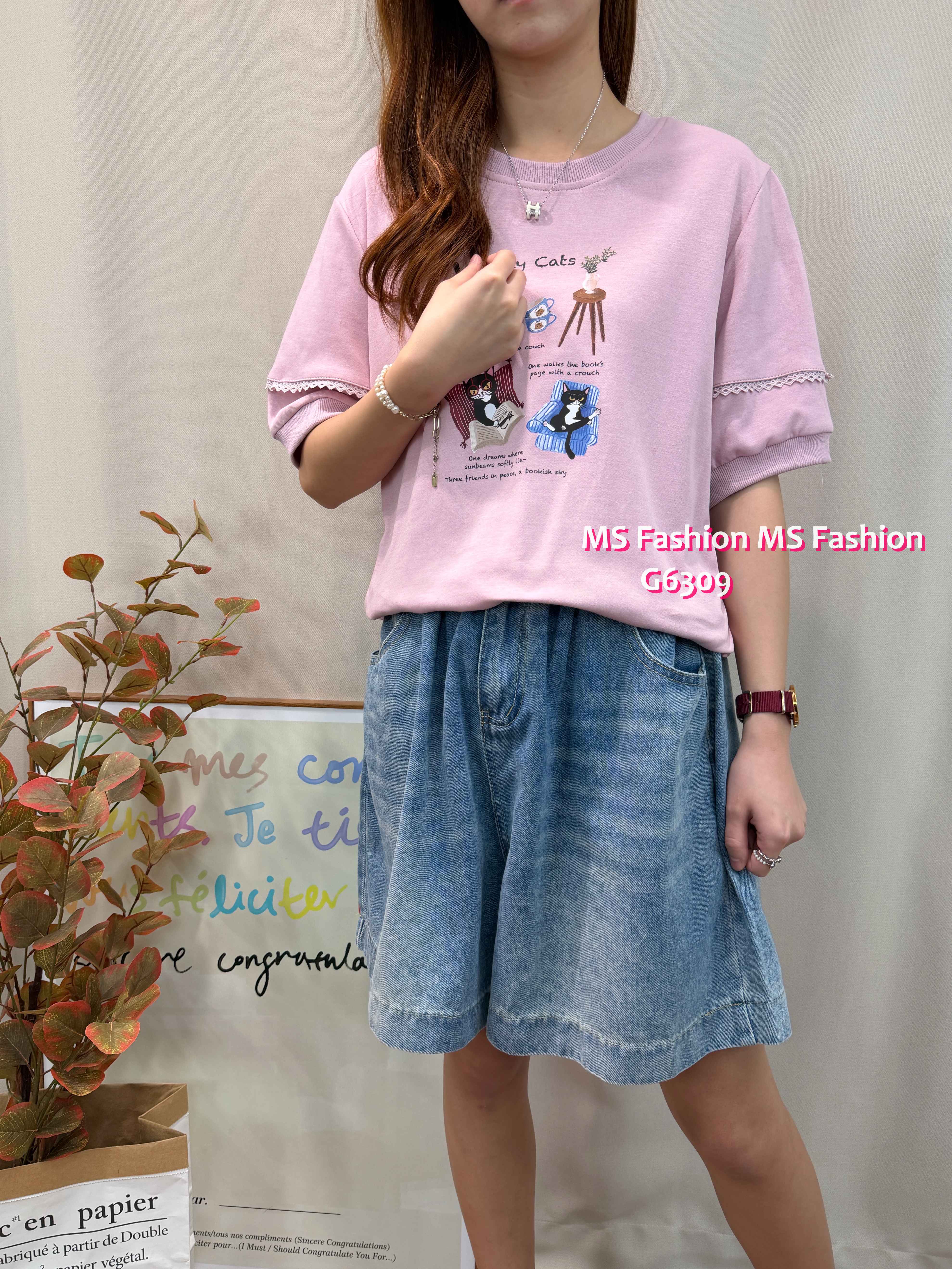 G6309 可愛黑貓花邊袖top