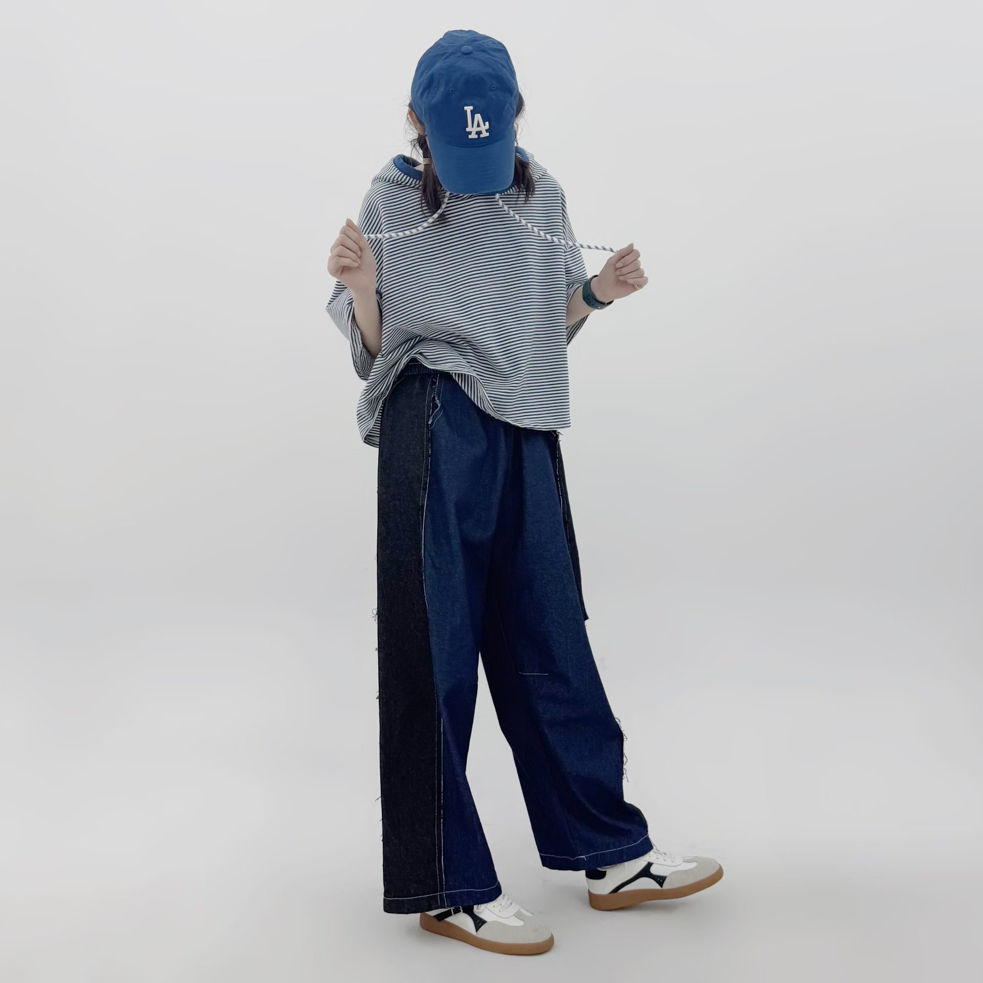 撞色拼接寬鬆牛仔褲