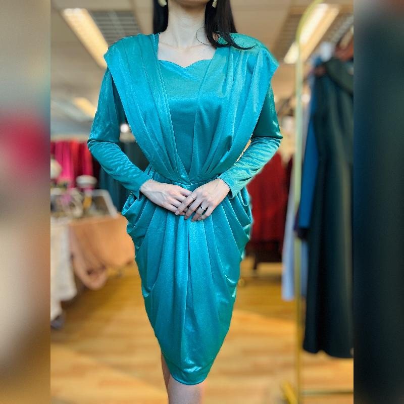 Vintage Japanese 1980s Turquoise Sash Drape Dress (MT2260-20)