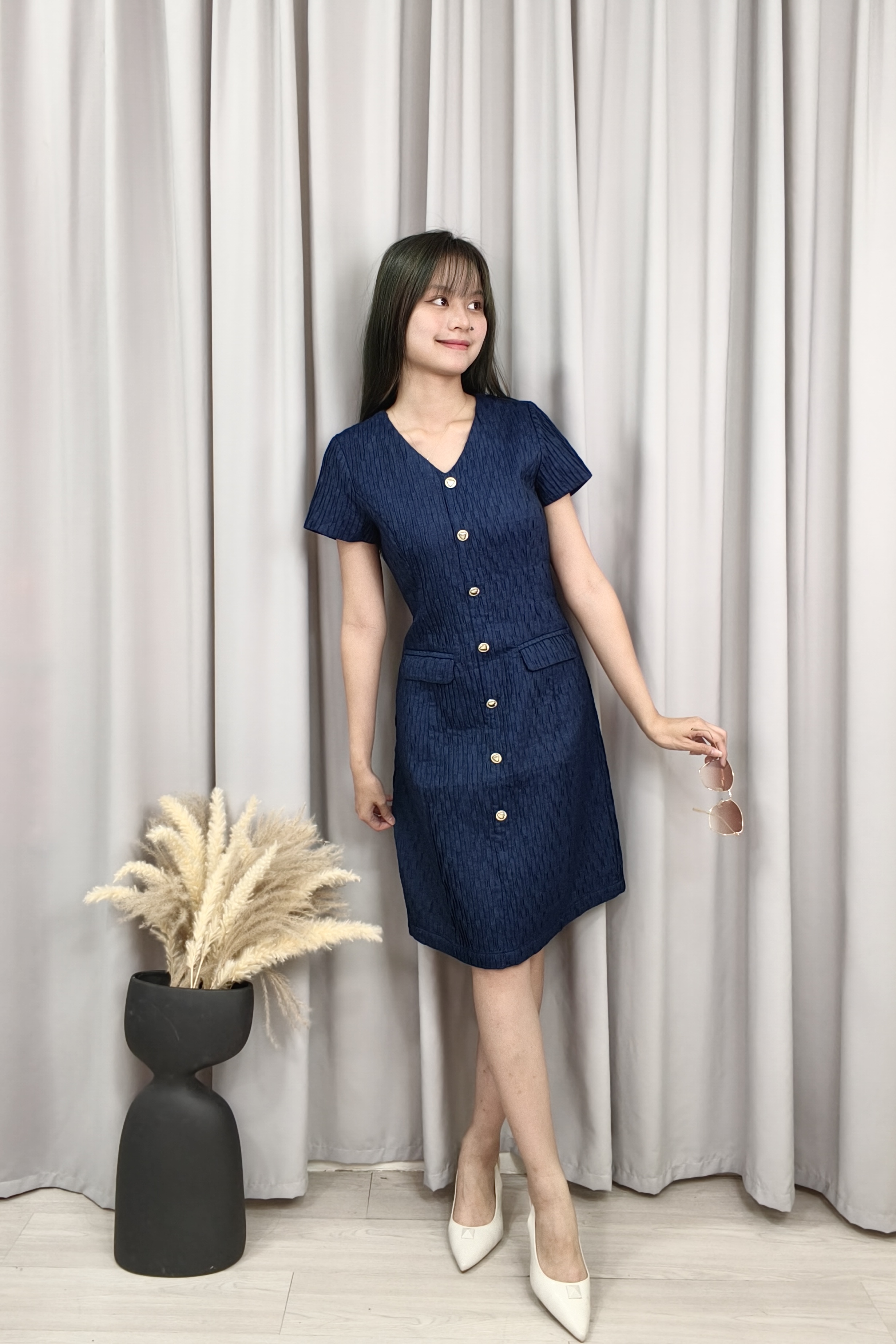 25685 Textured Button-Front Tailored Dress