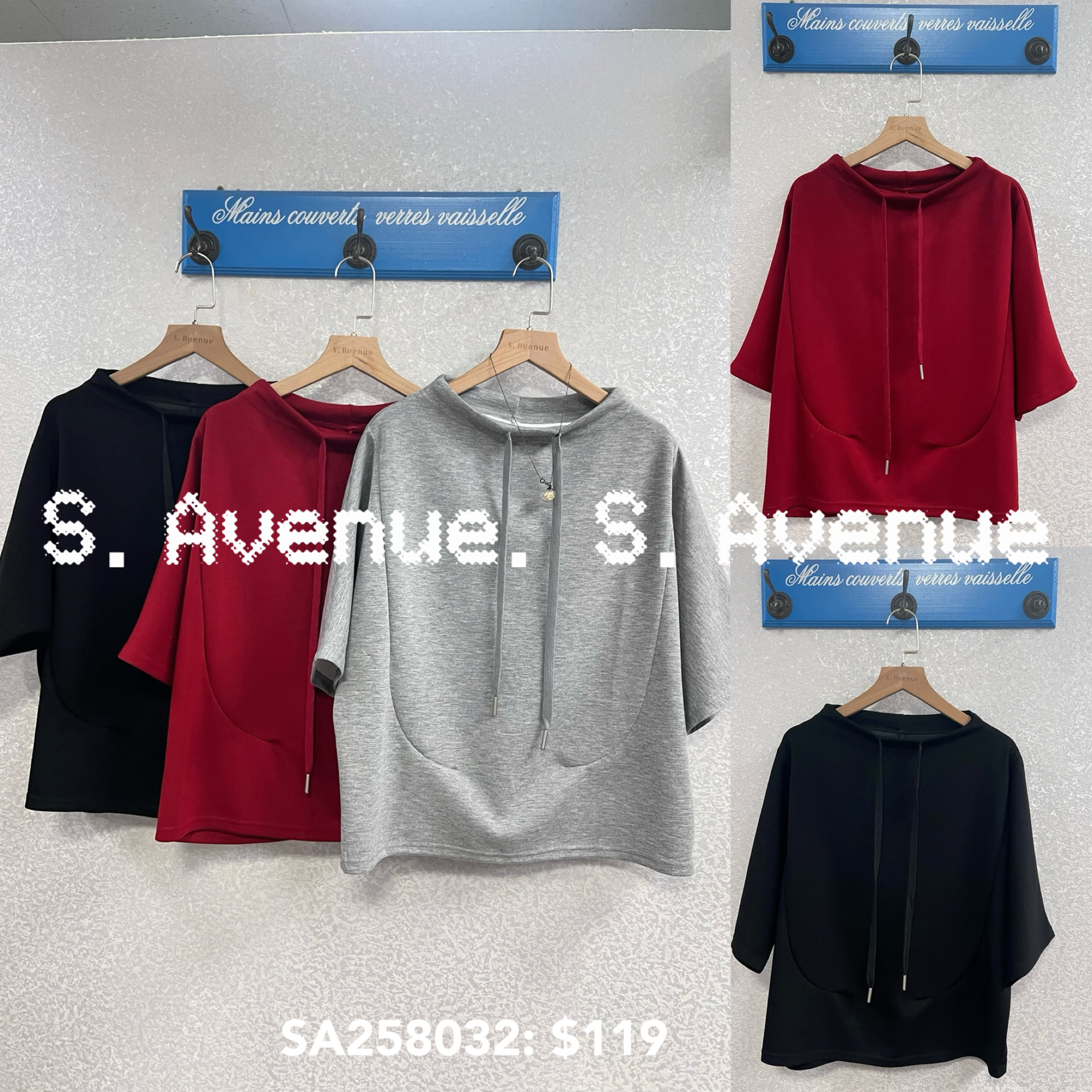 SA258032: 5分袖領有繩少少蝙蝠top