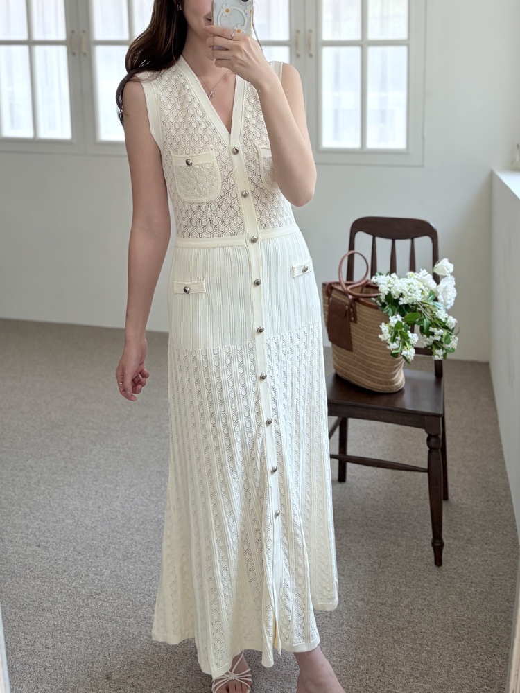 Buttoned Crochet Knit Dress (Ivory)