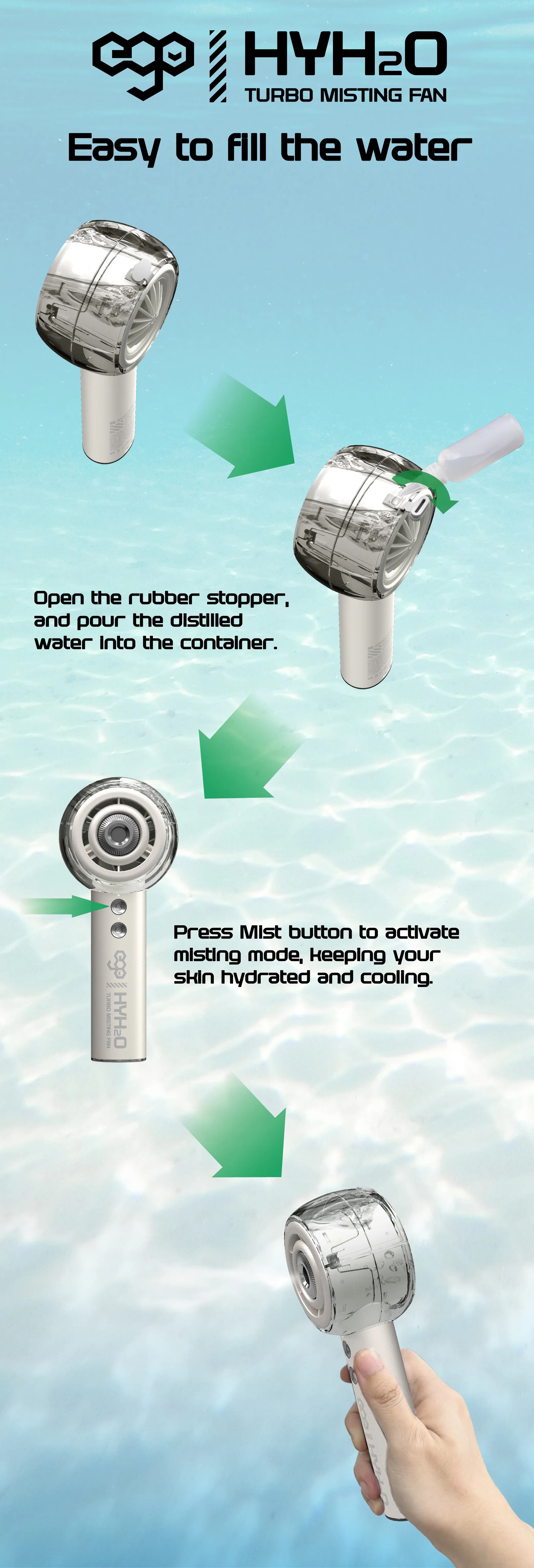 ego - HyH2O 噴霧水冷風扇 手提風扇 噴霧水冷 | 補濕美容 | 強勁風速 | 18小時長氣
