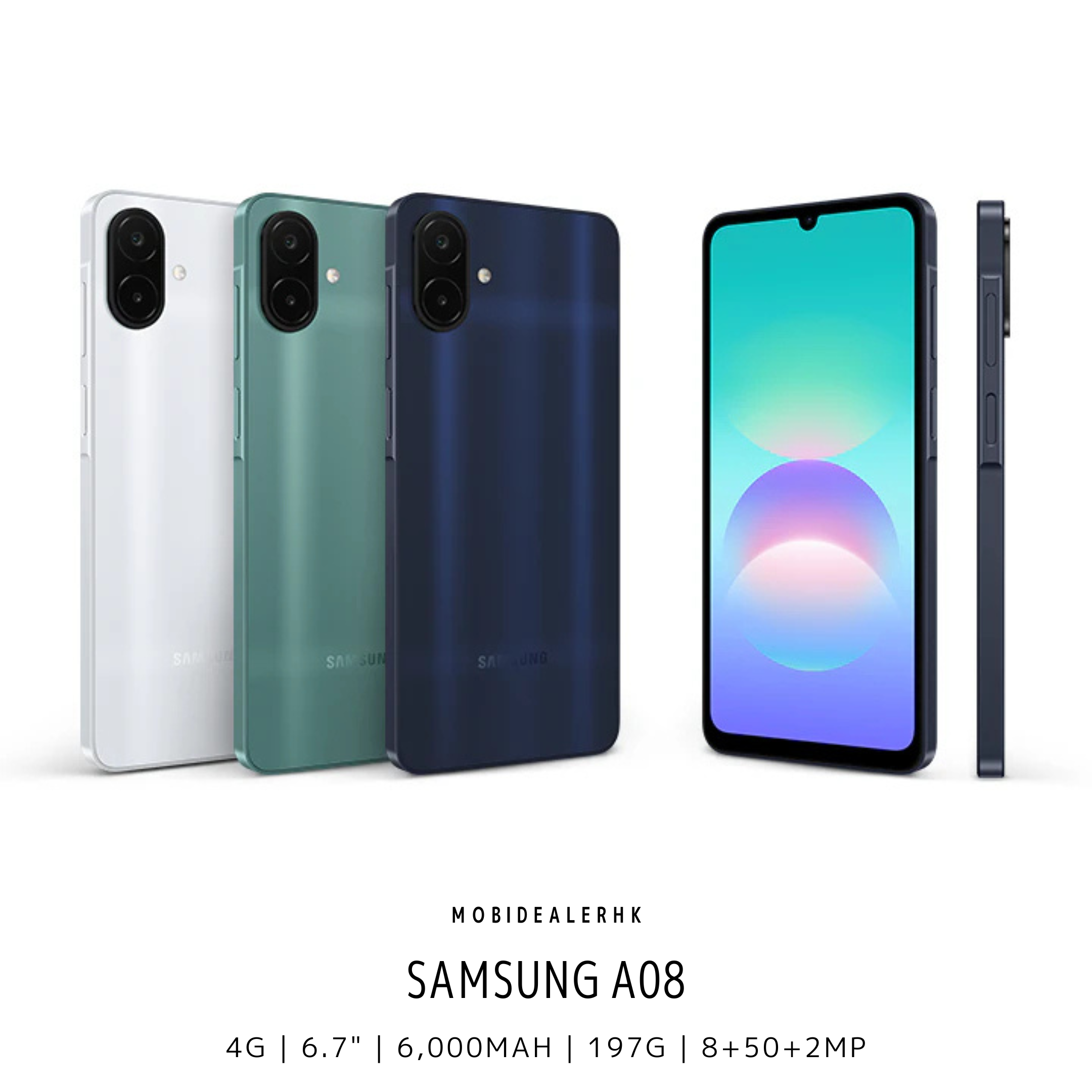 Samsung A08 | 三星 A08 | 4G | 智能手機 | 6.7 吋開闊大螢幕 | 6000mAh 超大電量續航 | 5000 萬像素主鏡頭 | 獨立三卡槽支援 2TB 擴充 | 8.0mm 纖薄手感