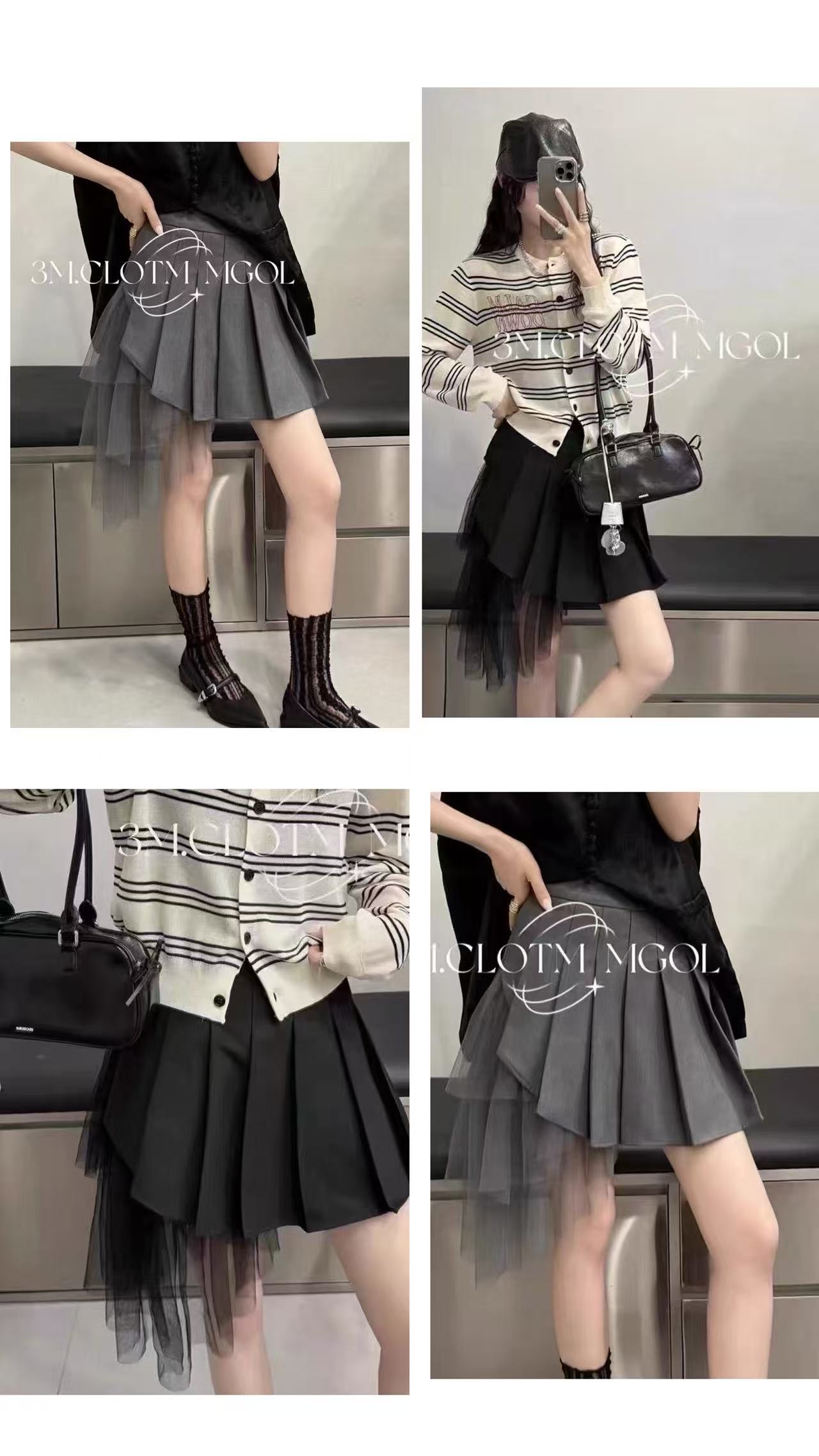 6645 高级感网纱拼接百褶裙