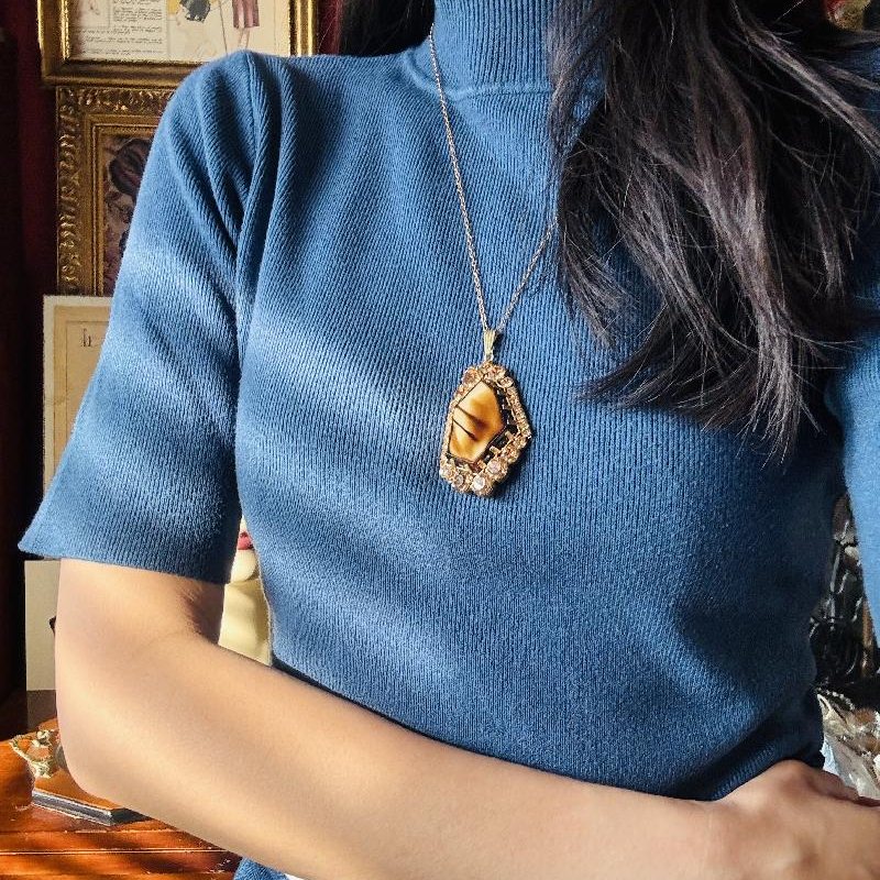Vintage C.a. 1970s Tiger Eye Glass Asymmetrical Rhinestone Pendant Necklace from Europe (NZ045)
