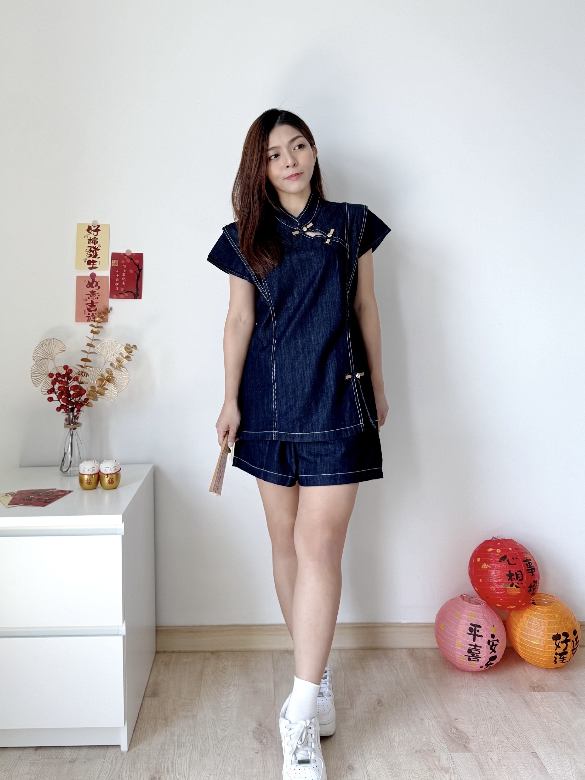 Ru Yi Oriental Denim Set “如.意” 新中式盘扣设计牛仔上衣+短裤套装 (2 Colours)