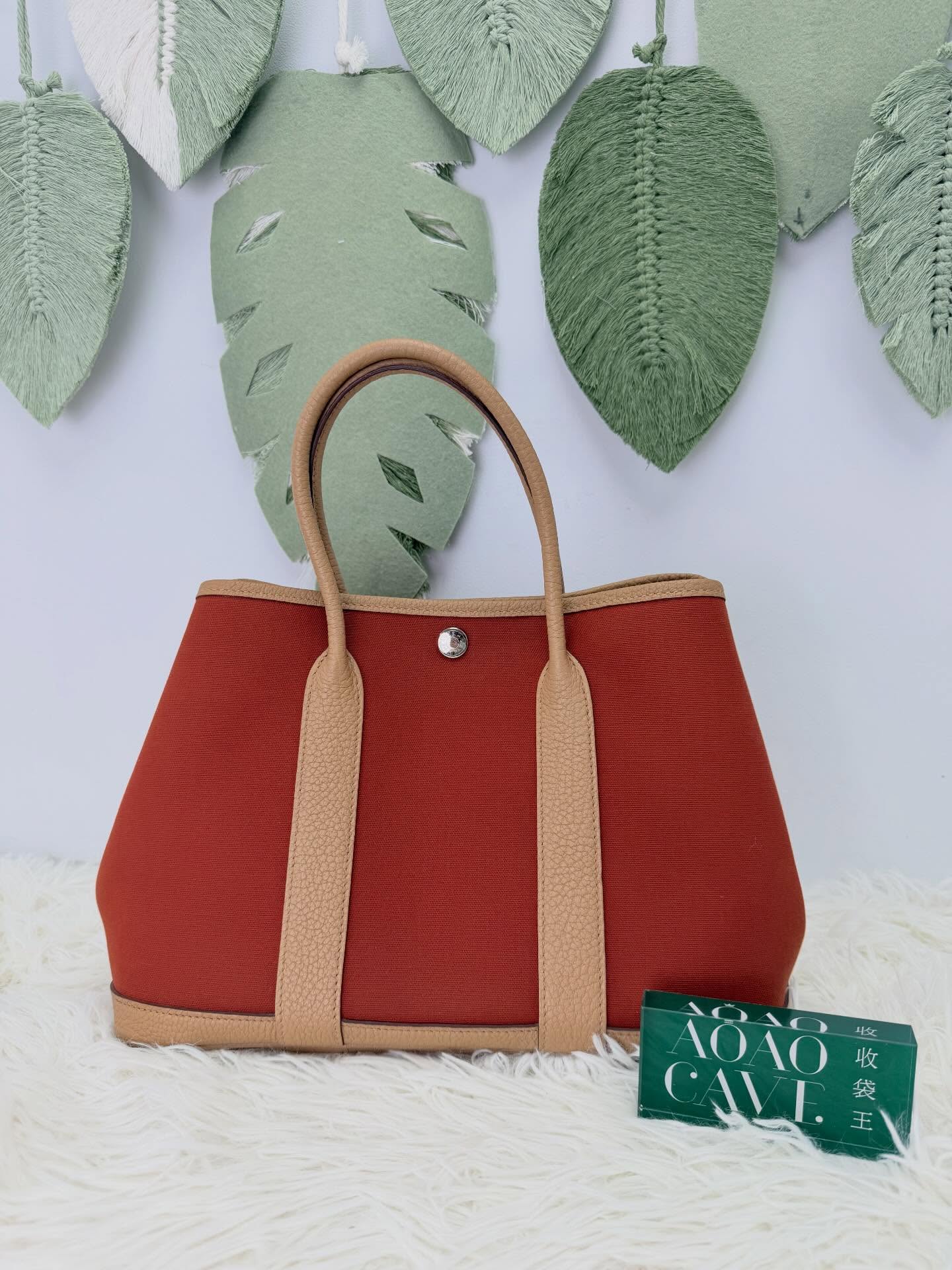 Hermes🤍PRE OWNED Garden Party 30橙色帆布拼餅乾色皮 手提包 🧡
