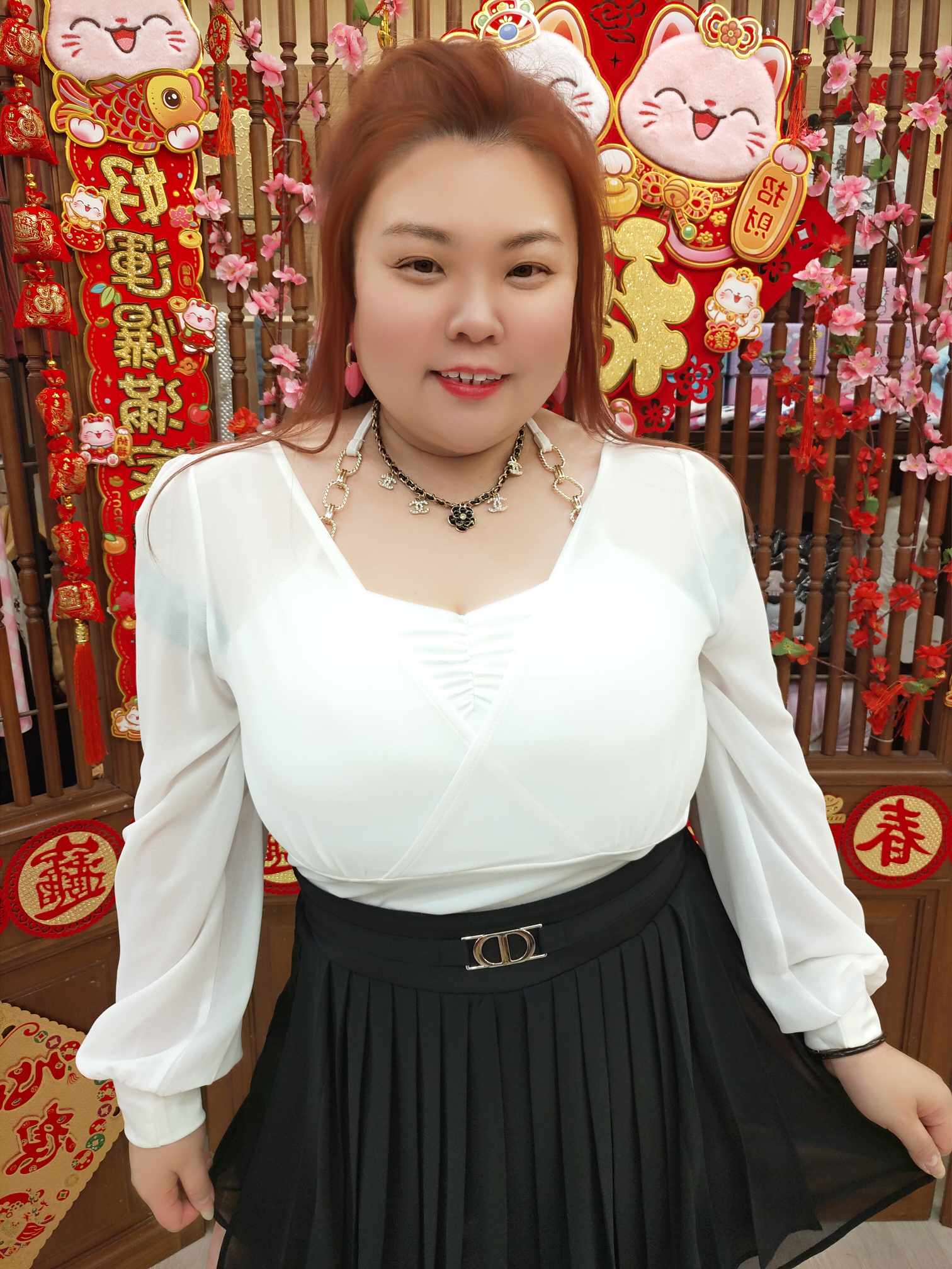 TW#5908 假两件铁链背心雪纺长袖上衣