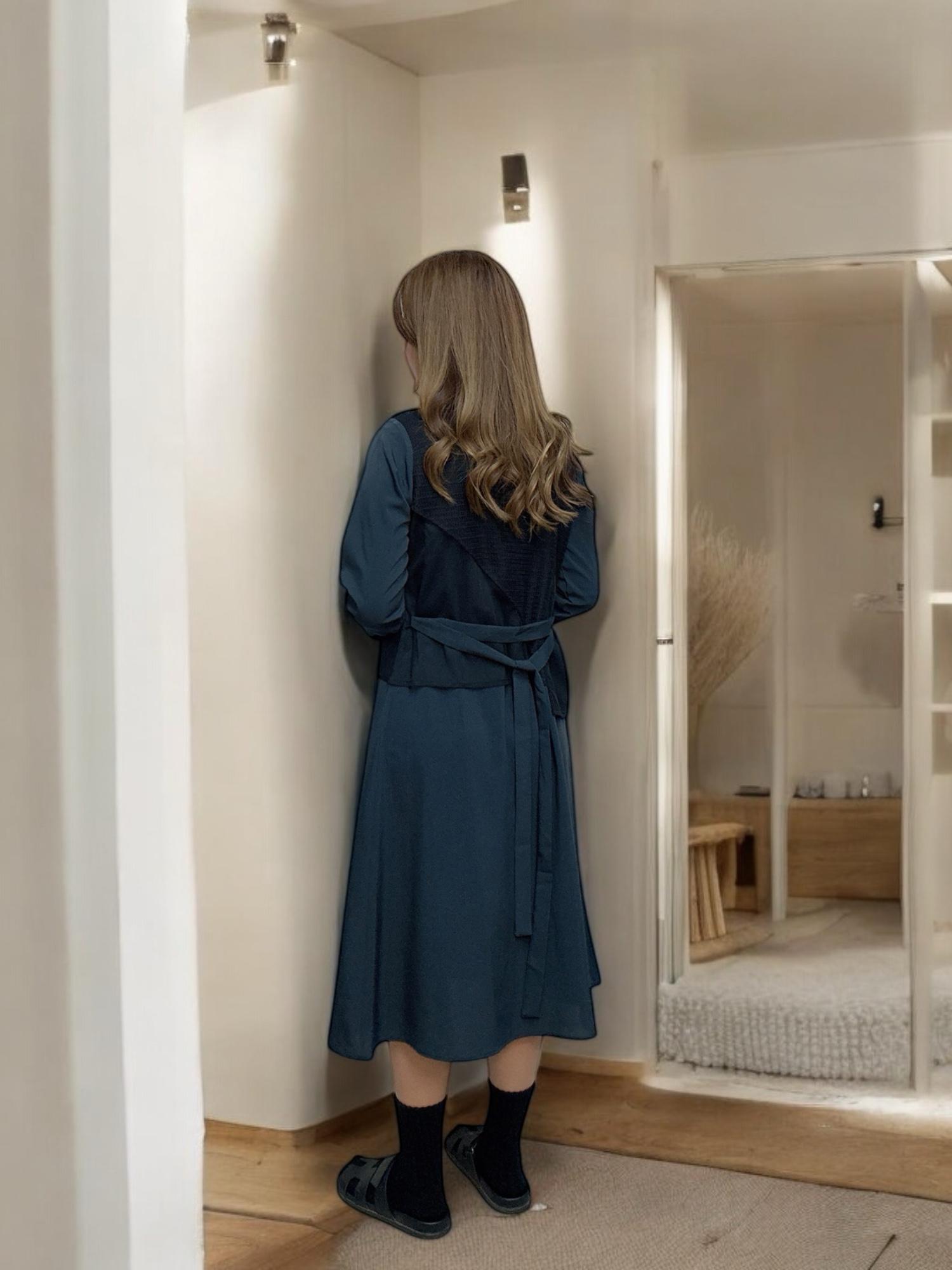 103546 BS 自家款 洗水磨毛布拼接條子網布連身裙外套