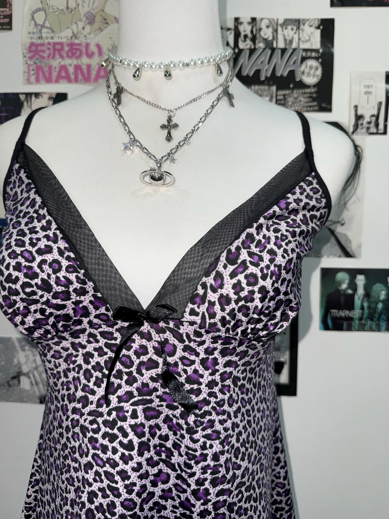 Purple Leopard Print Mesh Slip Dress