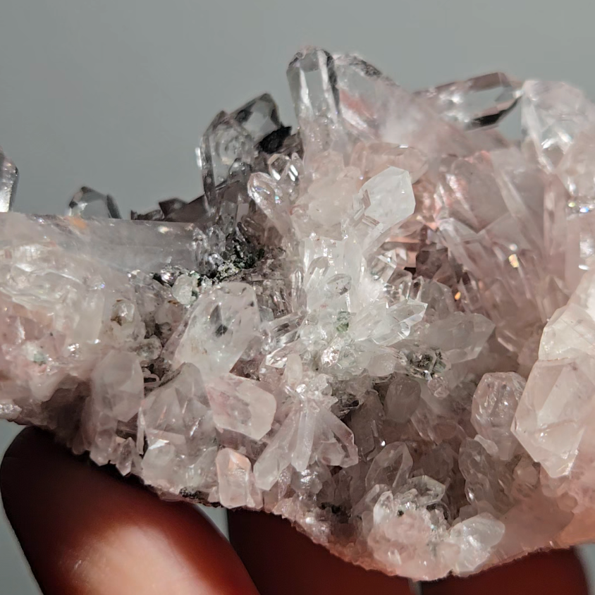 Pink Lemurian quartz cluster with green chlorite inclusions - LQ191