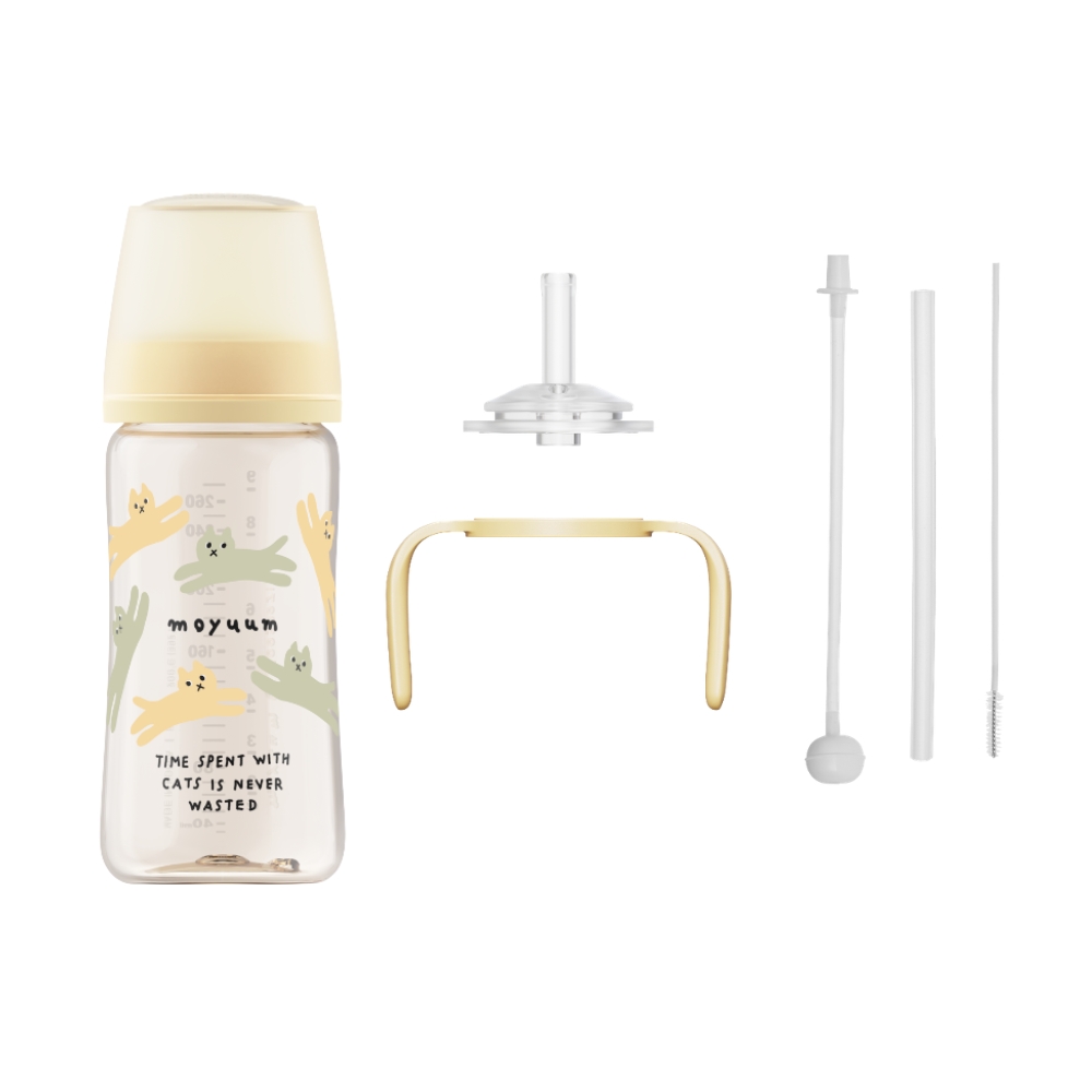 Moyuum - PPSU 寬口防漲氣奶瓶270ml（貓咪夢境）+寬口奶瓶防漏學習吸管套裝(黃色)_MY208_SET
