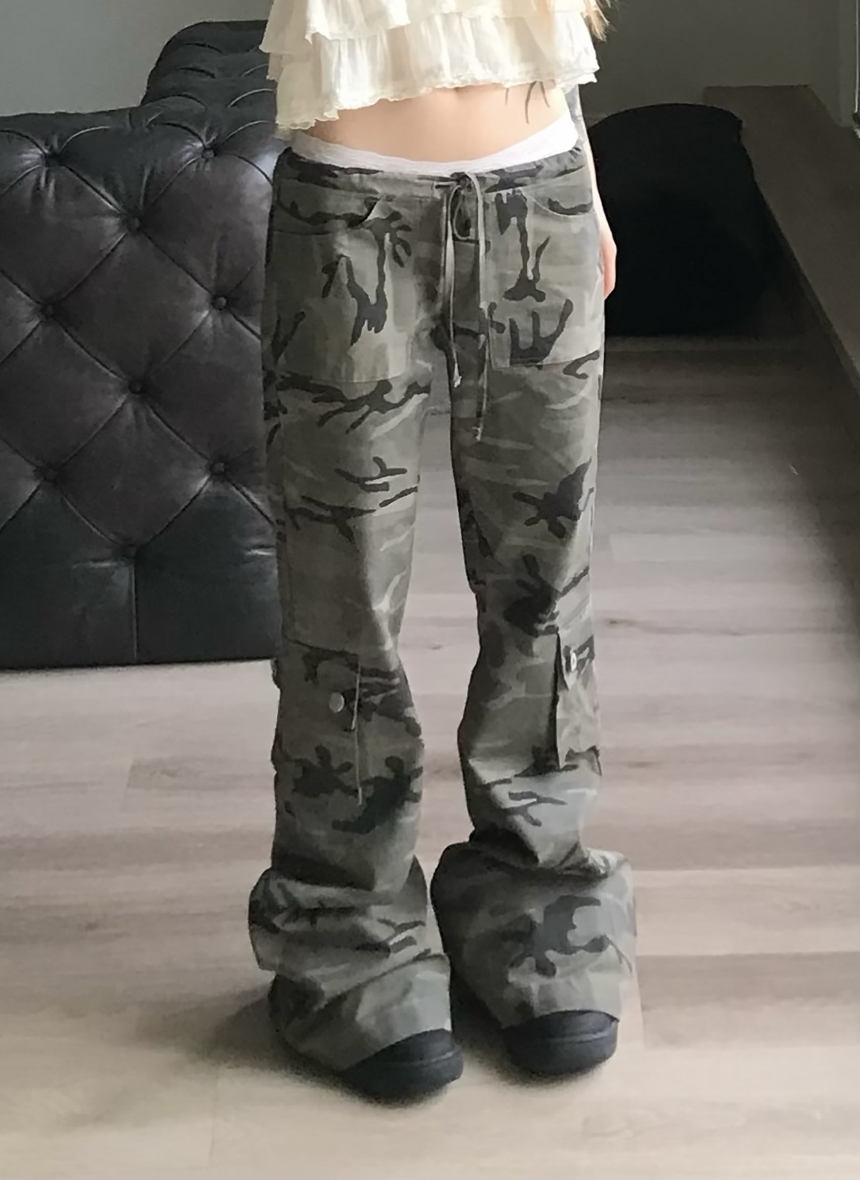 Camo Low-Rise Flare Cargo Pants