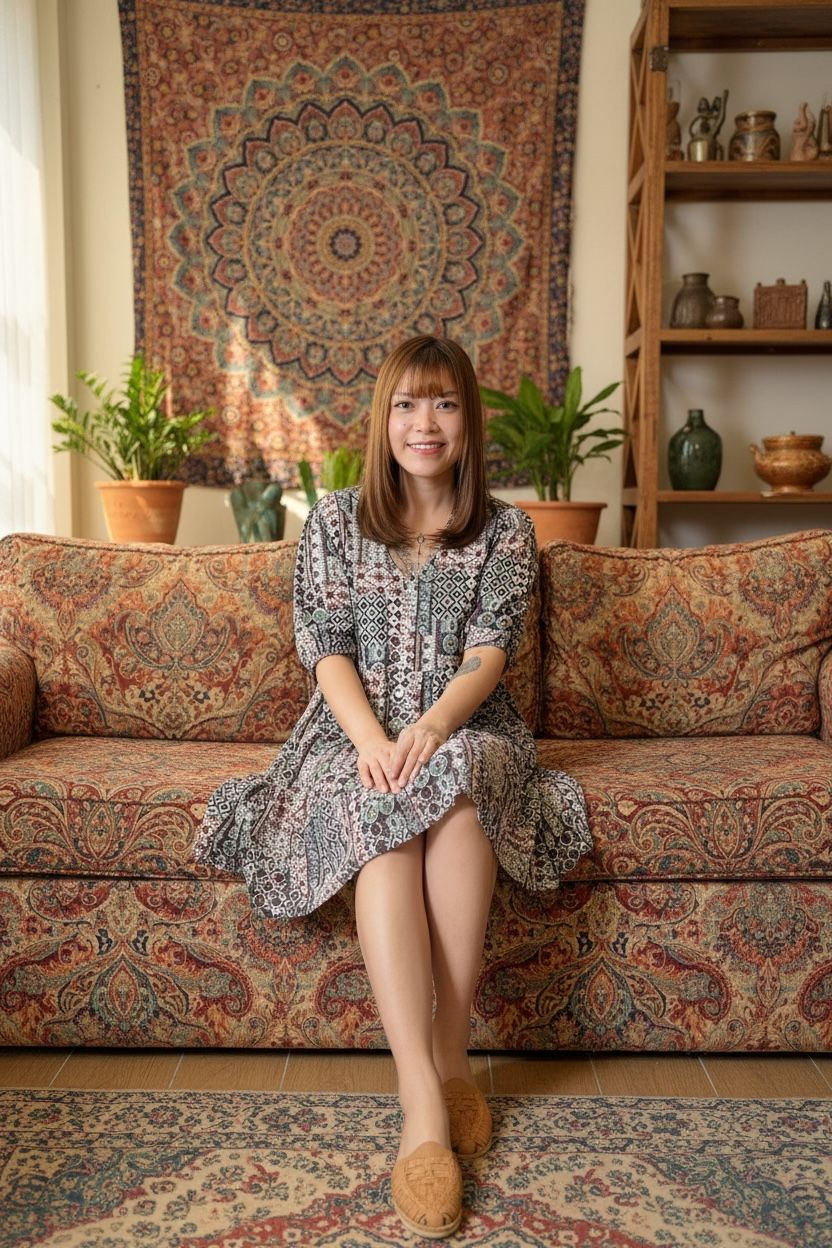 1653 French Vintage Totem Print 3-layer V-Neck SHort OP 35"