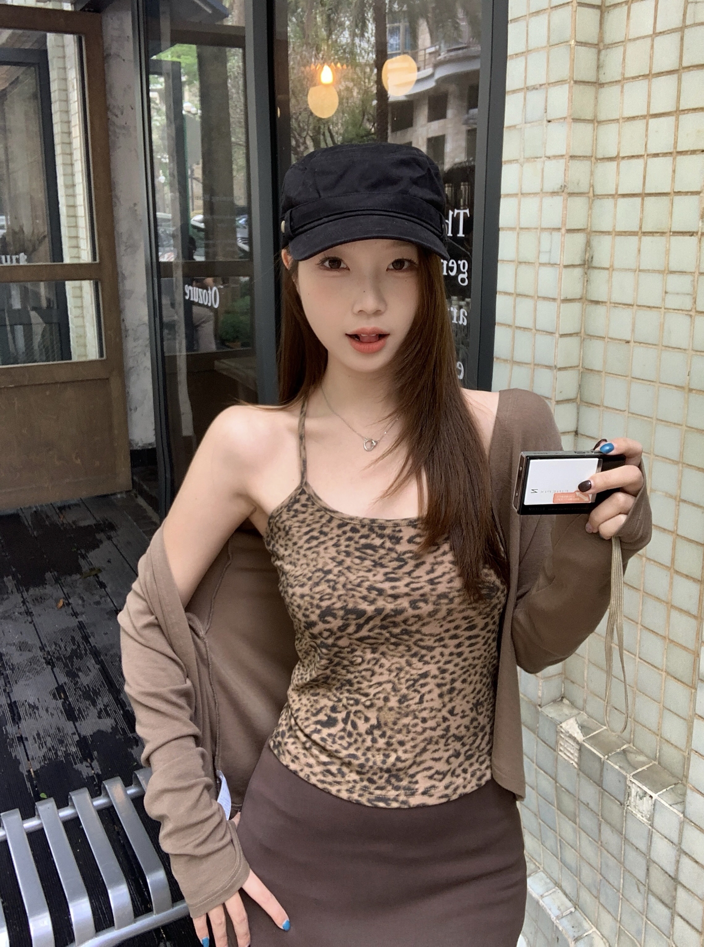 B142(9003) 美式辣妹豹纹吊带与开衫咖两件套上衣