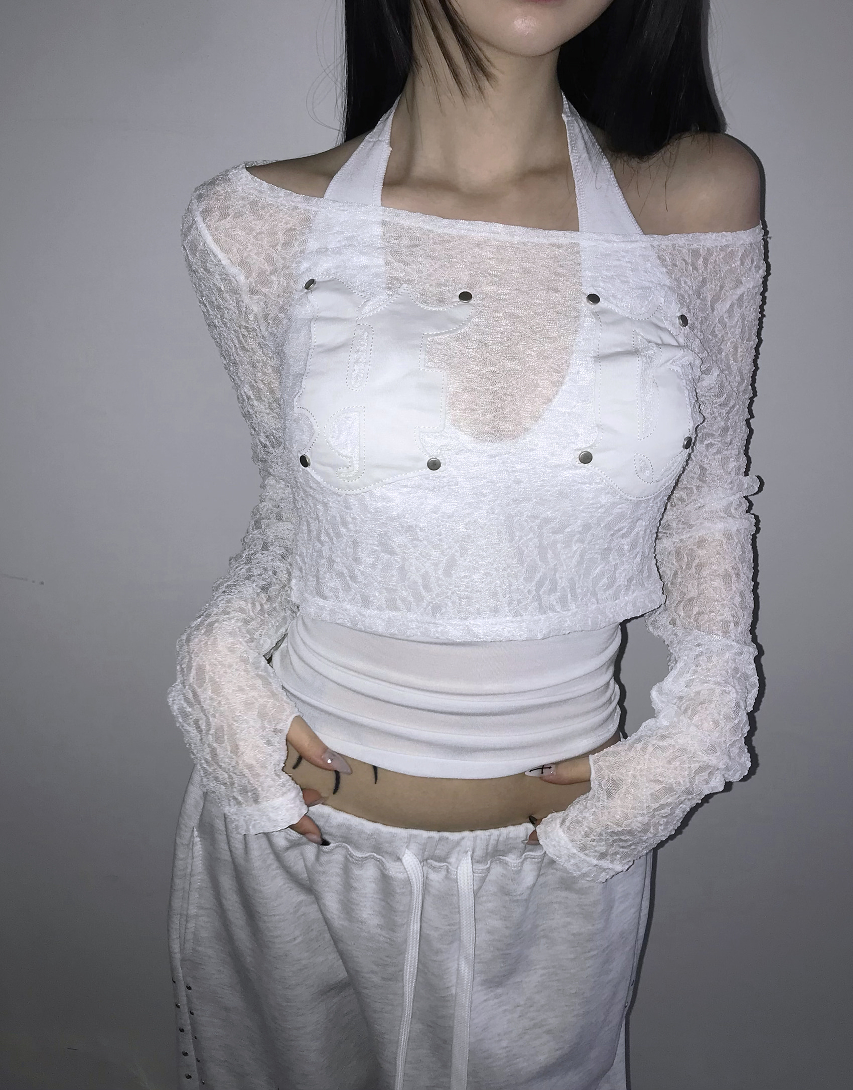 Sheer Lace Round Neck Crop Top