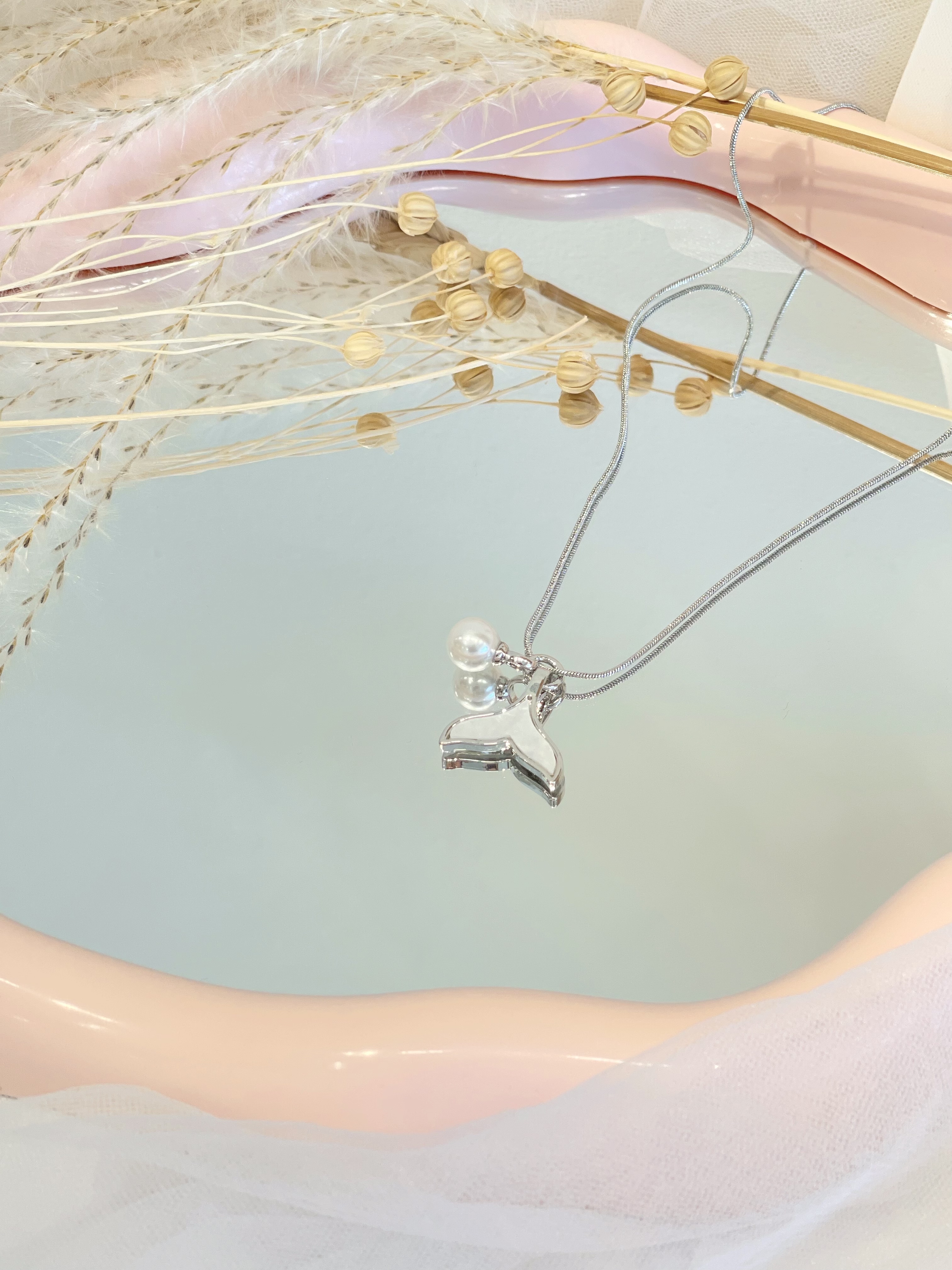 温柔系列 人鱼尾巴小珍珠吊坠玫瑰金钛钢项链