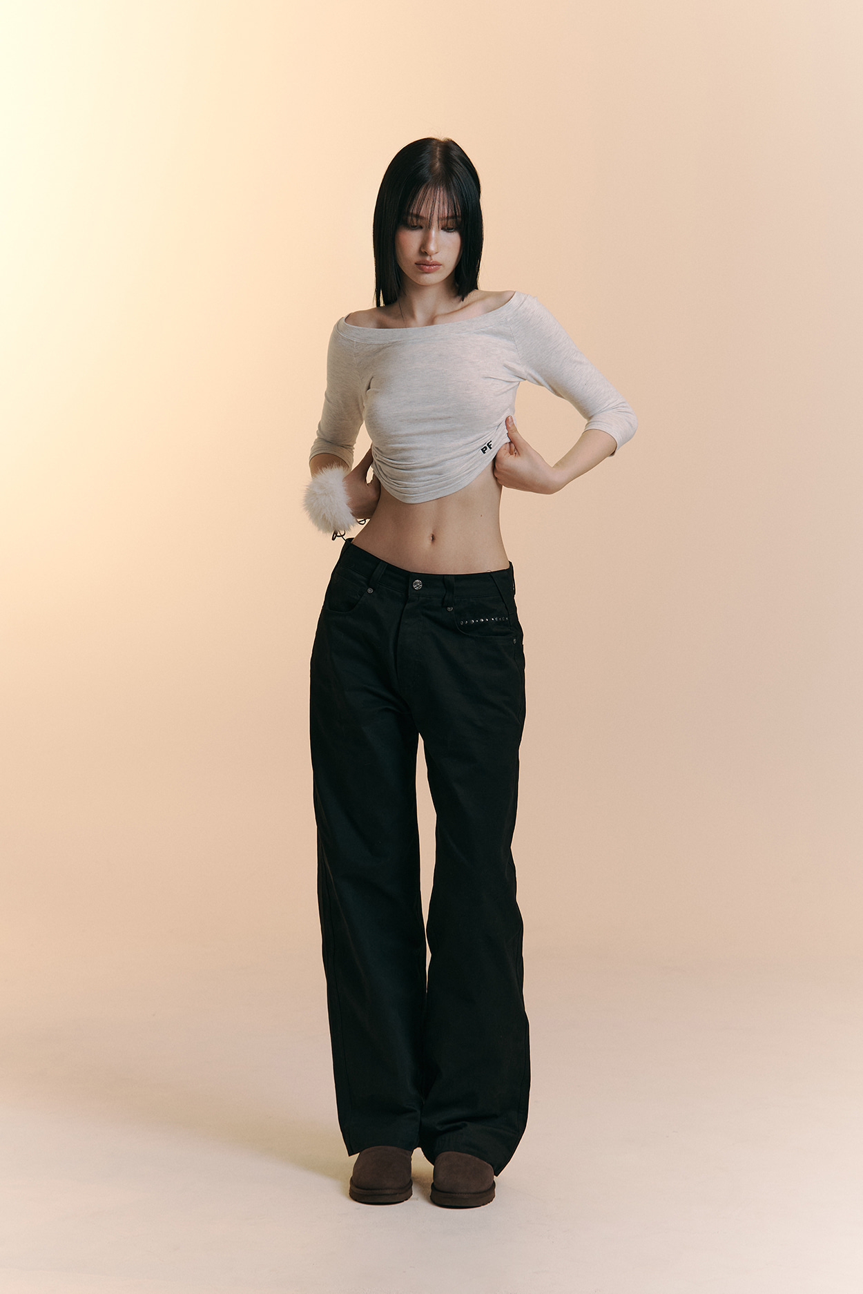 pleaseNOFOLLOW - Zed Off-Shoulder Long Sleeve Top (White Melange)