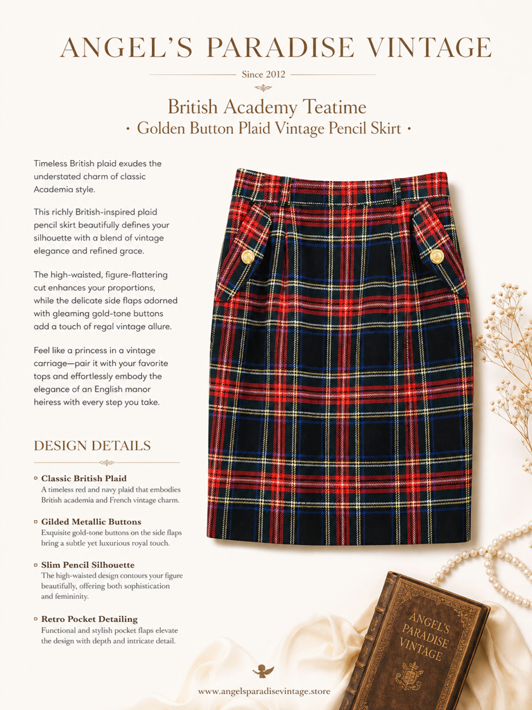 英倫學院的午茶約會 ∙ 金扣格紋復古鉛筆裙 British Academy Teatime ∙ Golden Button Plaid Vintage Pencil Skirt / 公主堡壘晨光朝露蕾絲襯衫Princess Fortress Lace Serenade Blouse