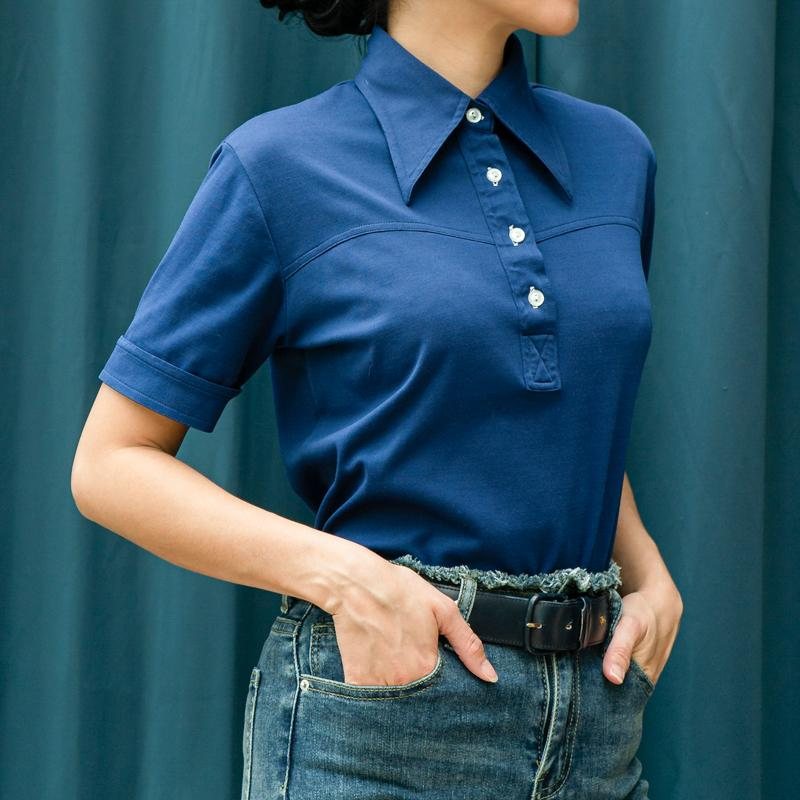 C.a. 1970s American Vintage Royal Blue Polo Shirt with White Buttons(MT1502)