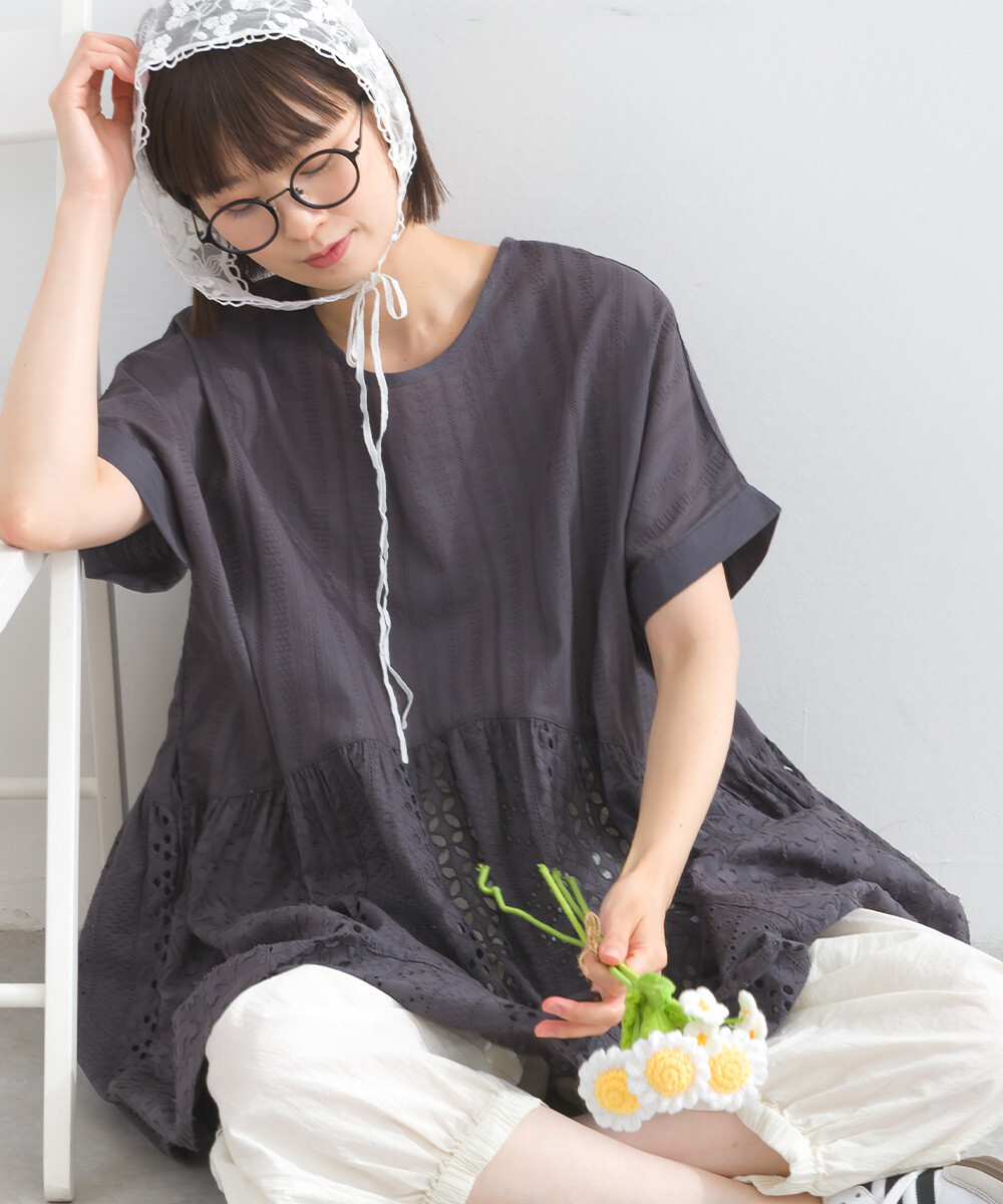 LP - 印度棉質拼布花邊襯衫 (碳灰色)