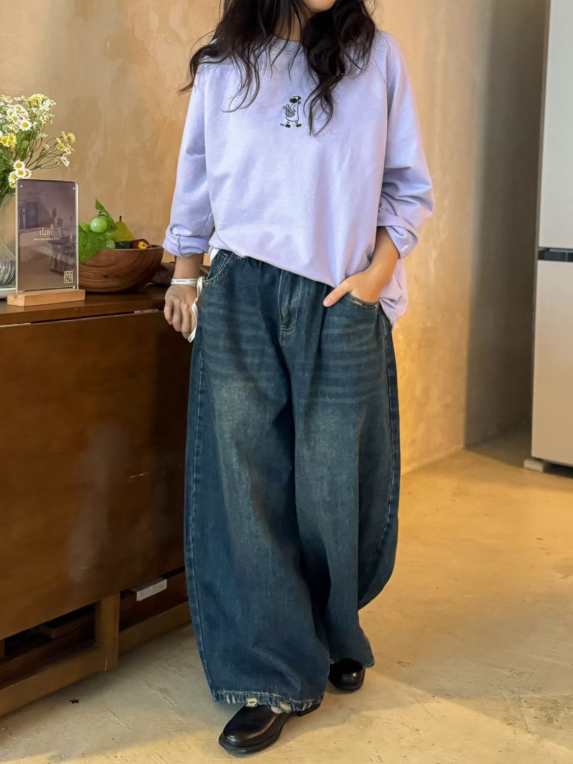 橡筋腰鬆身闊腳牛仔褲