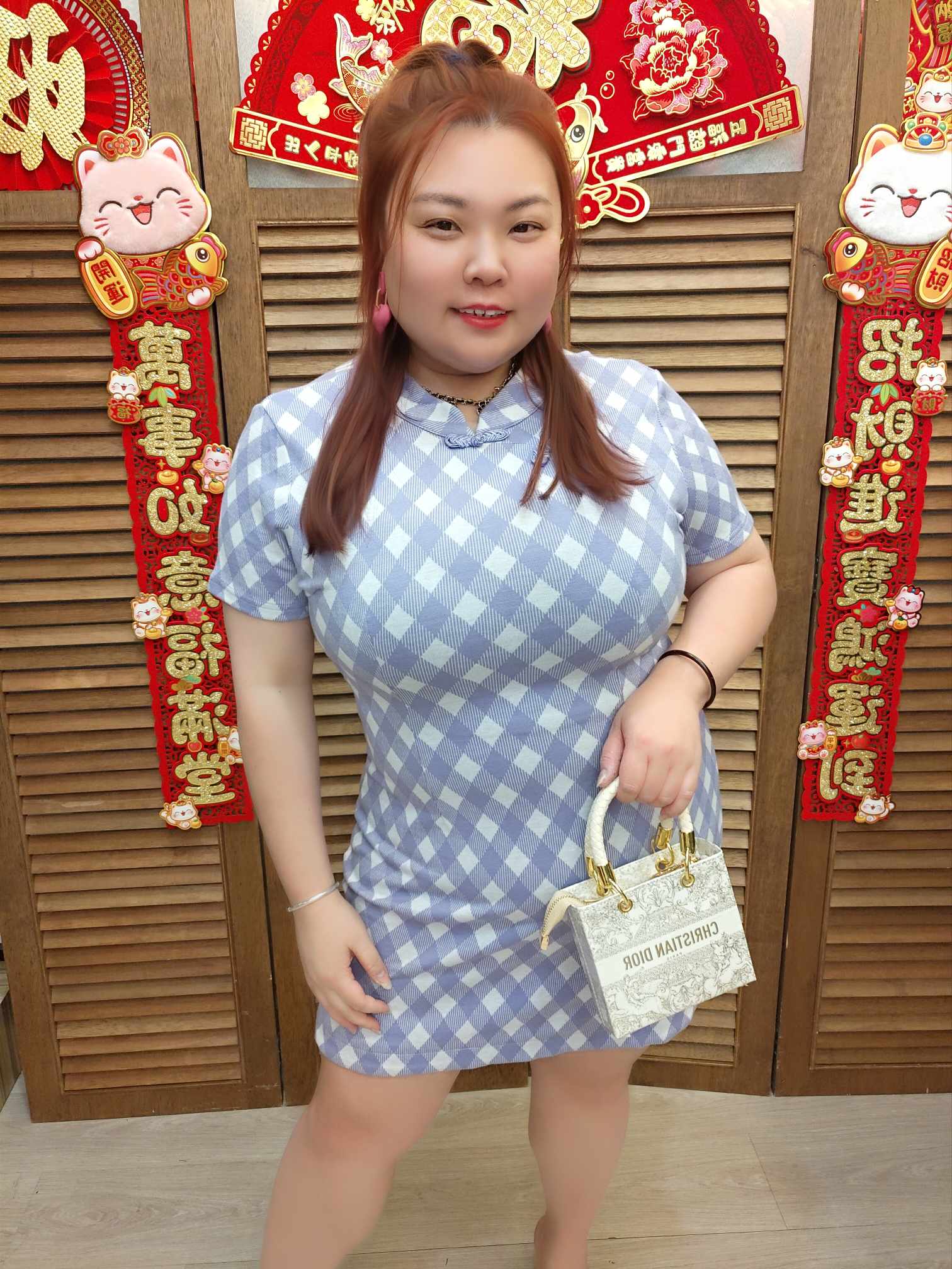 TW#5310 复古格子旗袍连衣裙