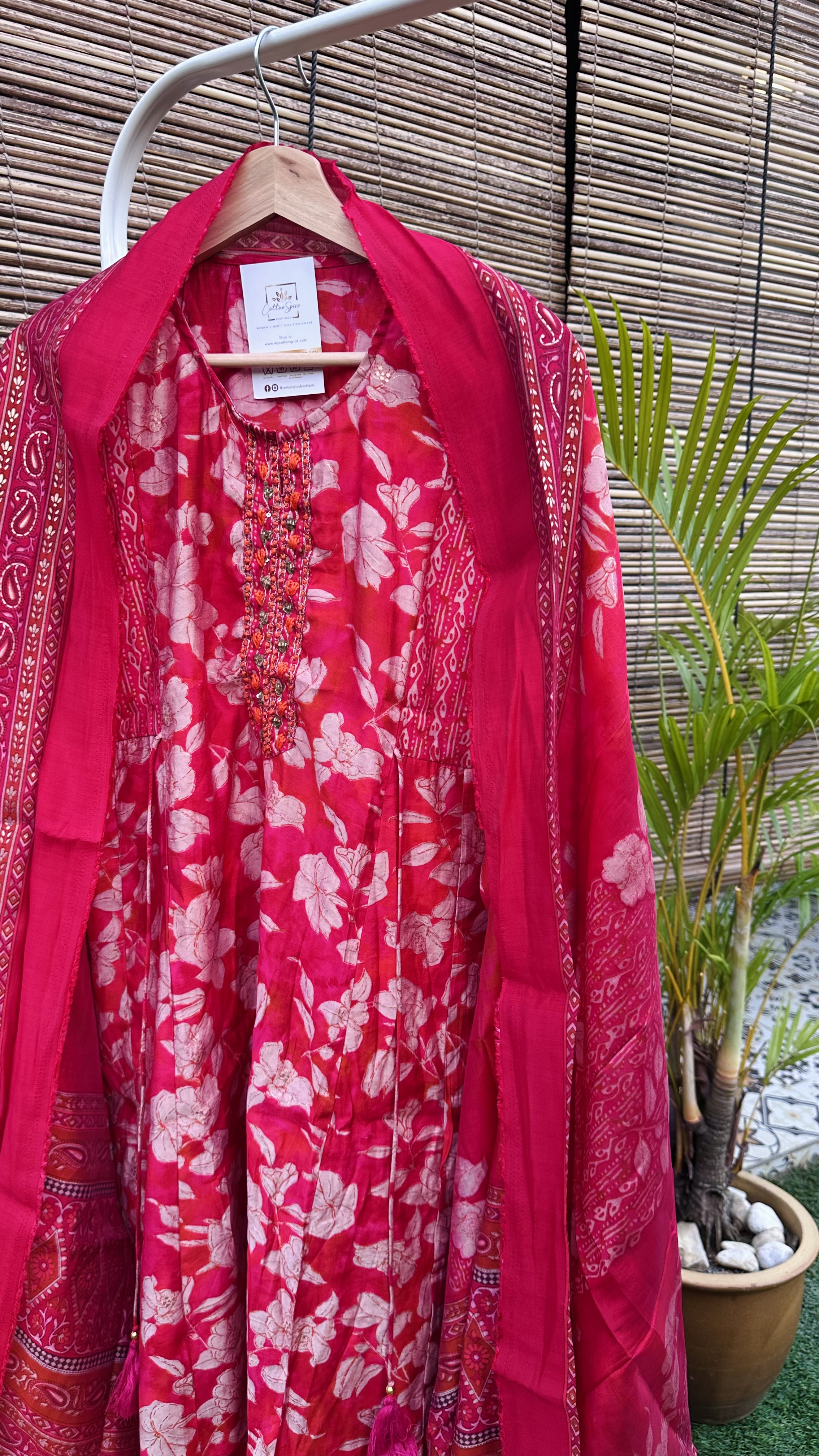 Red Floral Muslin Silk Anarkali set