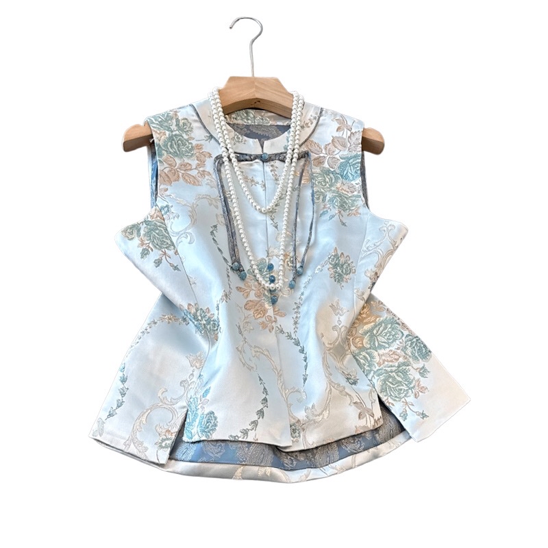 B157(0229) 新中式改良款复古牡丹刺绣织锦下摆边双开角蓝马甲上衣