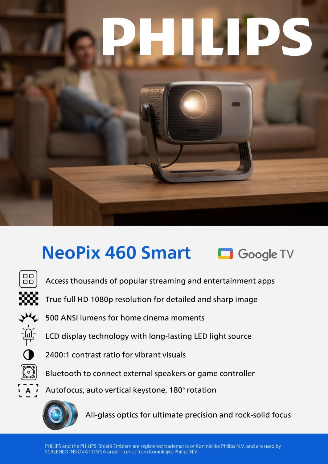 Philips NeoPix 460 Smart Projector | 飛利浦 NeoPix 460 Smart 家用投影機 | 投影機 | 1080p | 內置 Google TV 及全自動對焦
