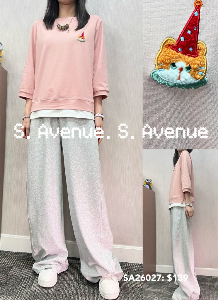 SA26027: 中袖繡小貓假兩件tee