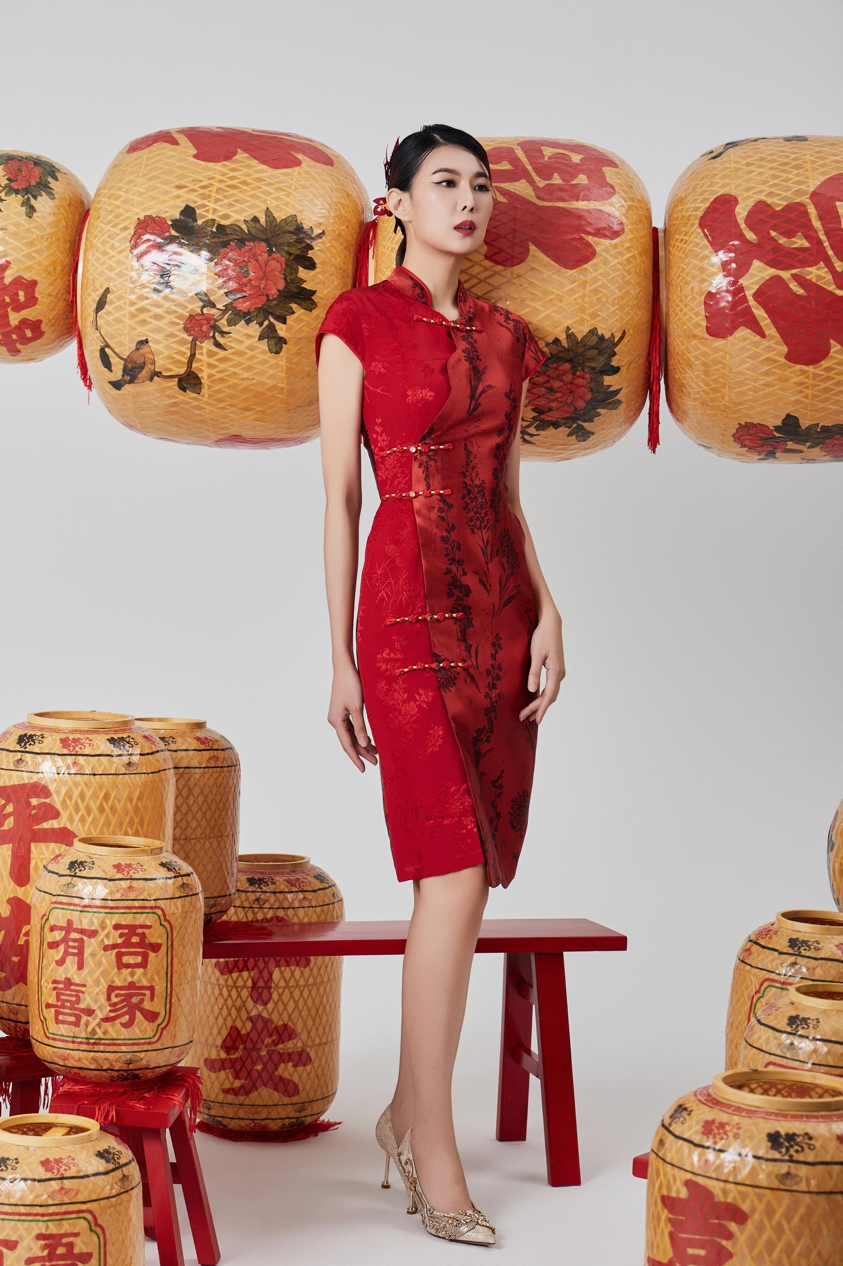 双色旗袍连身裙 红色2126