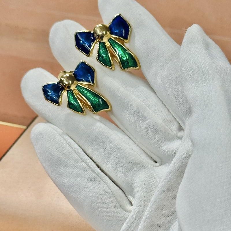 Vintage Enamel Blue and Green Ribbon Bow Clip Earrings from Germany (C042)