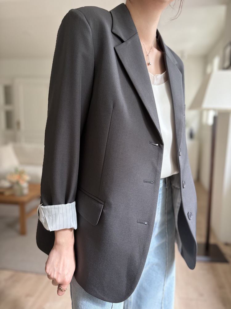 Margot Blazer with Striped Cuffs (Charcoal)