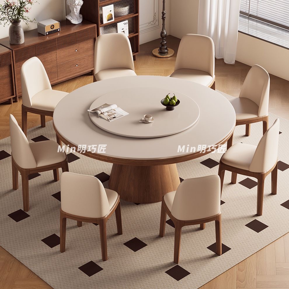 實木圓桶岩板餐檯組合 細單位家用圓餐檯連轉盤連椅 dining table