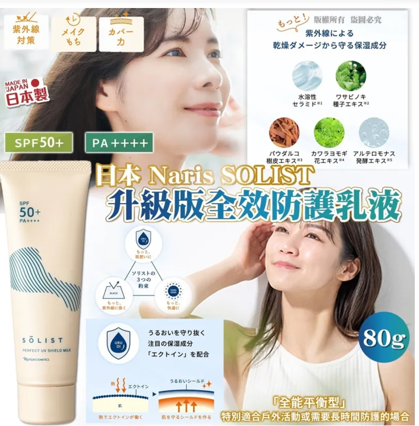 $115枝,2枝或以上$105枝,日本Naris SOLIST全效極致 UV 防護乳液