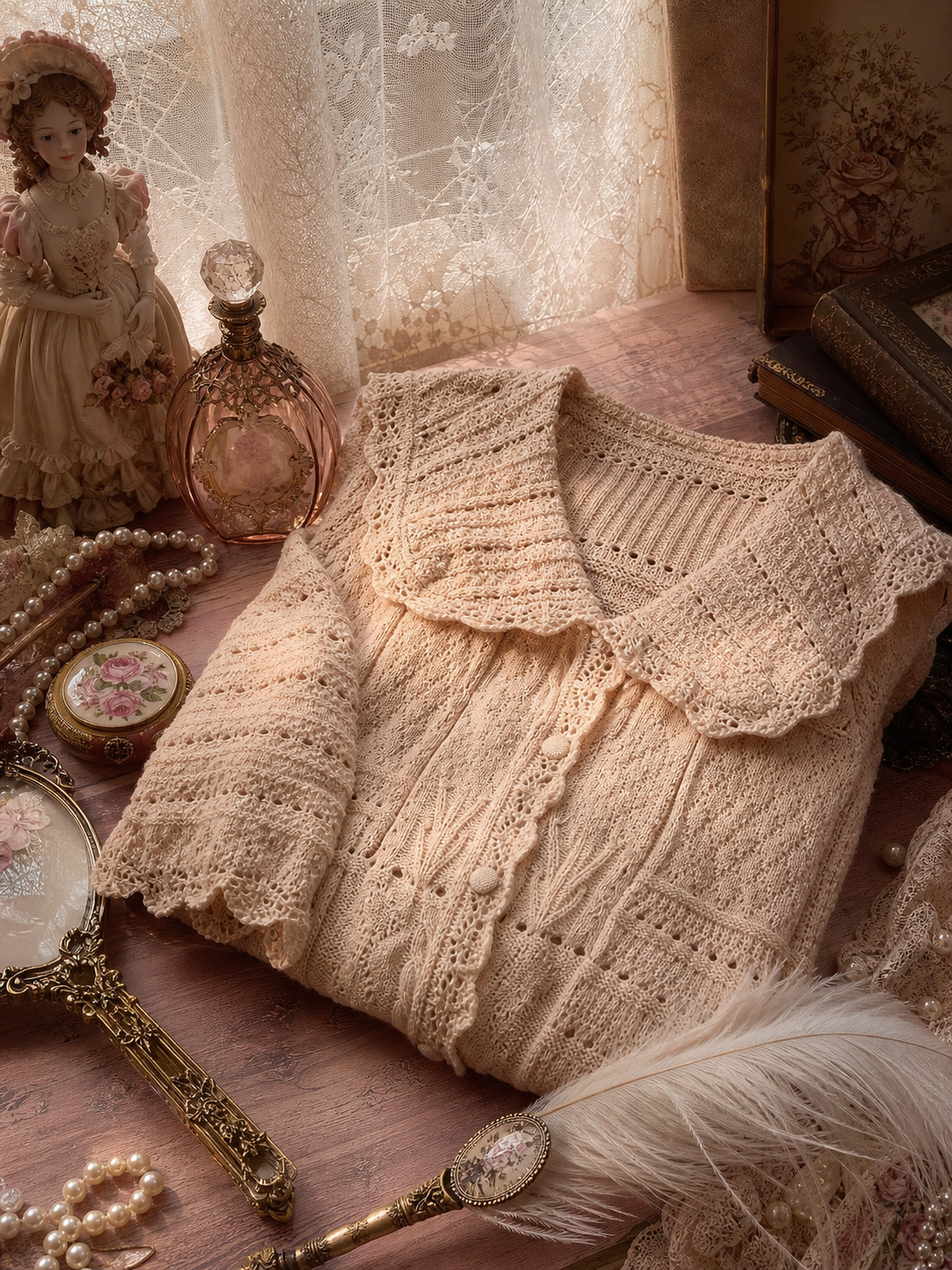 楓丹白露的詩篇 ∙ 鉤織立體拼花大翻領古董針織外套 Fontainebleau Sonnet ∙ Vintage Crocheted Lace Collar Knitted Cardigan