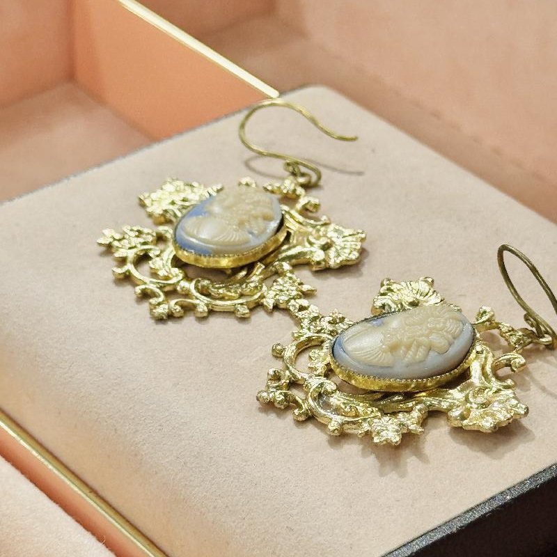 Blue Glass Cameo Hook Earrings (C032)