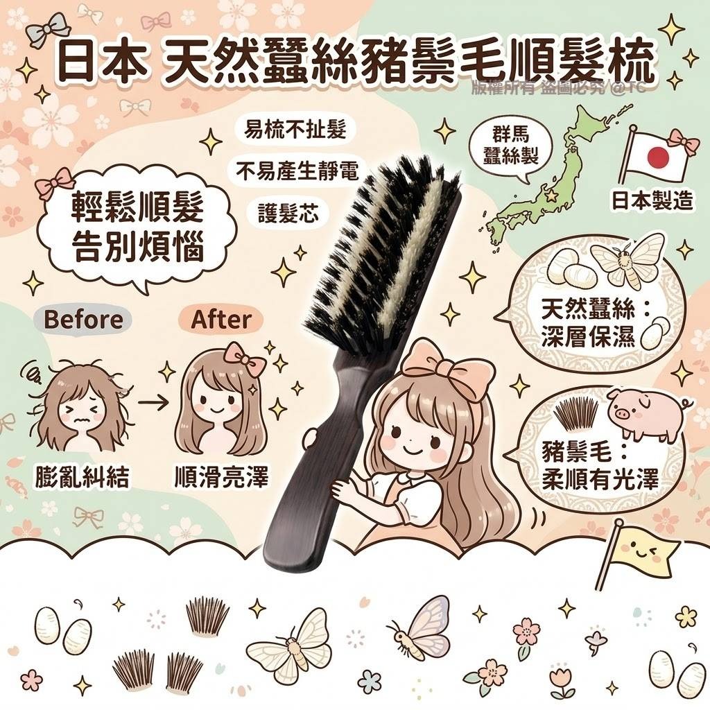 【日本製造 天然蠶絲豬鬃毛順髮梳】