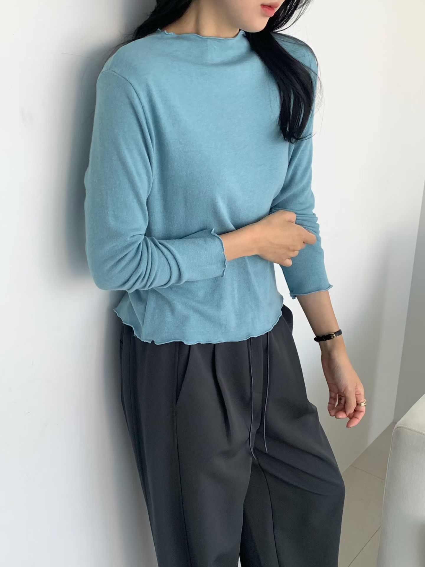 Button up rabbit hair wool basic tee 