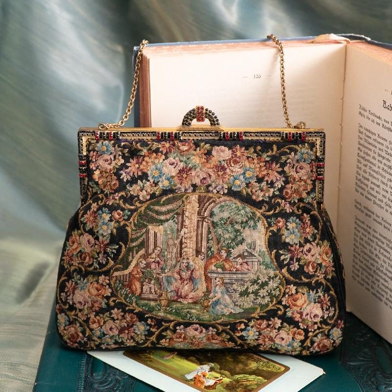C.a. 1940s Floral & Garden Scenery Tapestry Handbag with Enamel Frame and Champagne Lining (MT2029)