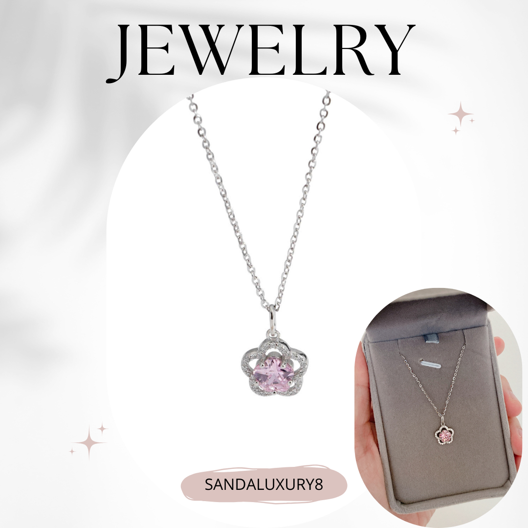 Silver Flower Pendant Necklace with Pink Stone  - SANDALUXURY8