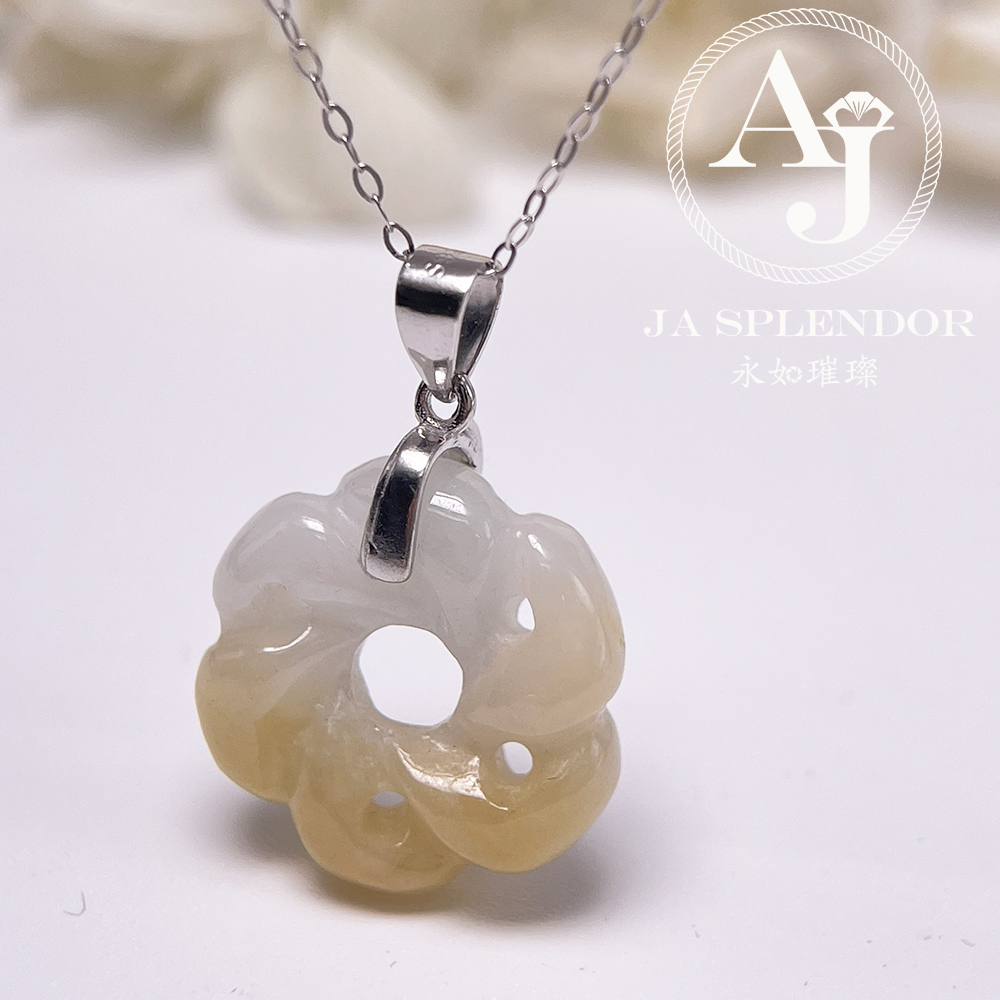 JN-2735 天然翡翠A玉-糖環花開富貴立體雕花吊墜（送銀鏈）
